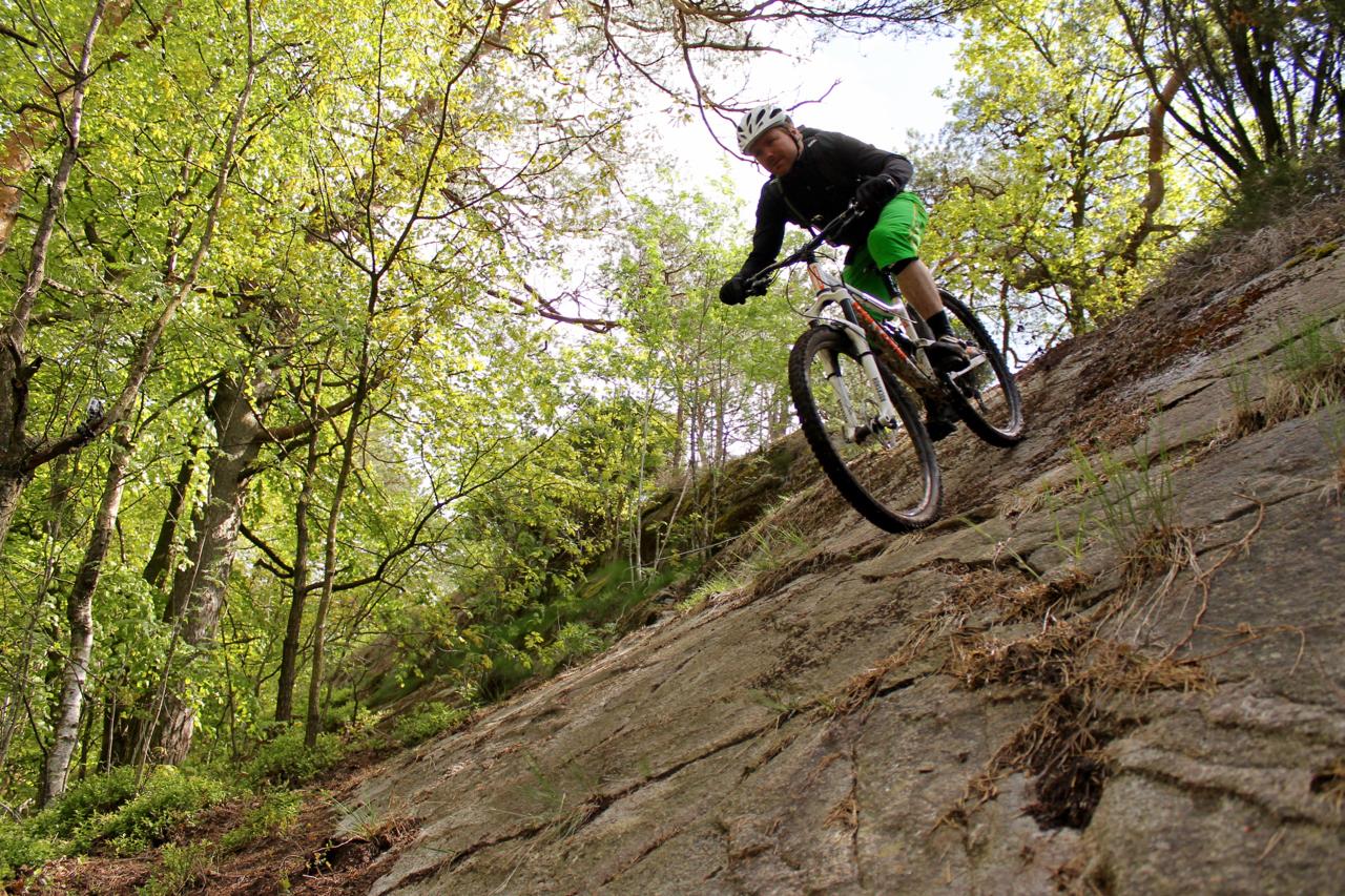 A mountain biker riding down a rocky trail surrounded by lush green trees and foliage. The cyclist is wearing a helmet and black and green athletic gear, navigating the steep terrain with a focused expression. Sunlight filters through the leaves, creating a vibrant outdoor setting. Skatas Trail System mountain bike trail.