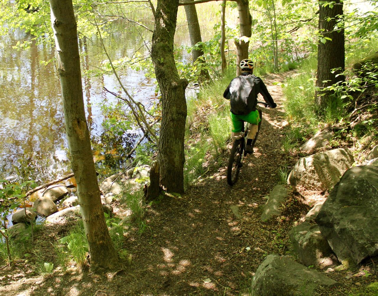 A person riding a mountain bike along a narrow trail next to a calm body of water, surrounded by trees and greenery. Sunlight filters through the leaves, illuminating the path. Rocks and grass border the trail, creating a serene outdoor scene. Molndal Area mountain bike trail.