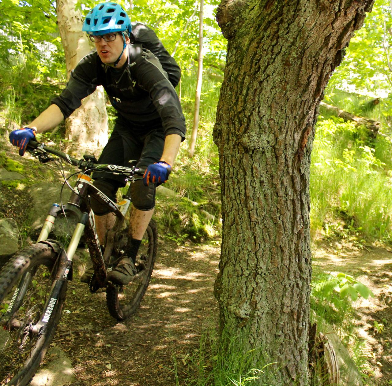 A mountain biker in a black outfit and blue helmet navigates a narrow trail surrounded by greenery, leaning towards a tree on the right. The cyclist has a focused expression and is wearing gloves, with mud splattered on their legs, indicating an outdoor adventure. Molndal Area mountain bike trail.