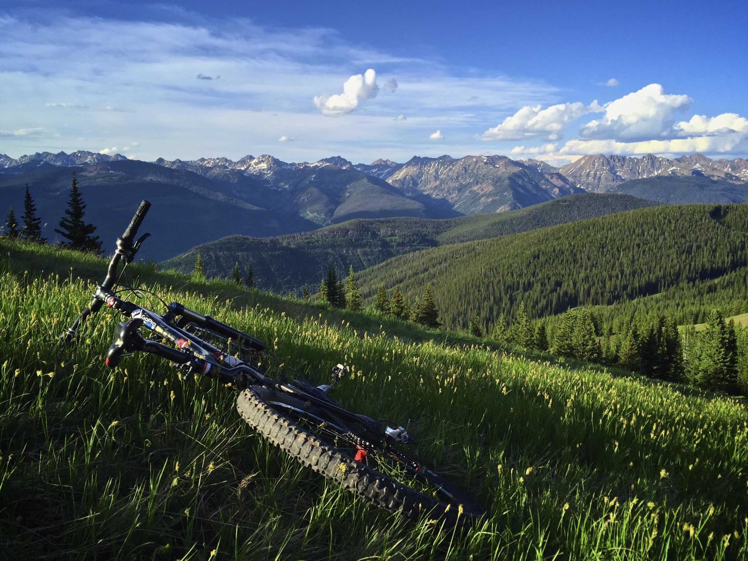 A mountain bike resting on lush green grass, with a stunning panoramic view of rugged mountains and a clear blue sky in the background. The landscape features a mix of forests and mountain ranges under soft, scattered clouds. Vail Mountain Bike Park mountain bike trail.