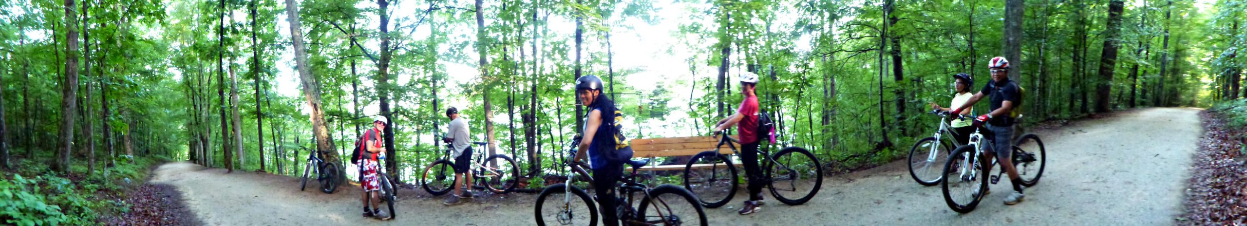 A group of six cyclists pause momentarily on a dirt path in a lush green forest. They are dressed in casual cycling attire, wearing helmets. The trail splits into two directions, and a wooden bench is visible nearby, surrounded by tall trees and vibrant foliage, indicating a pleasant outdoor setting. Salem Lake mountain bike trail.