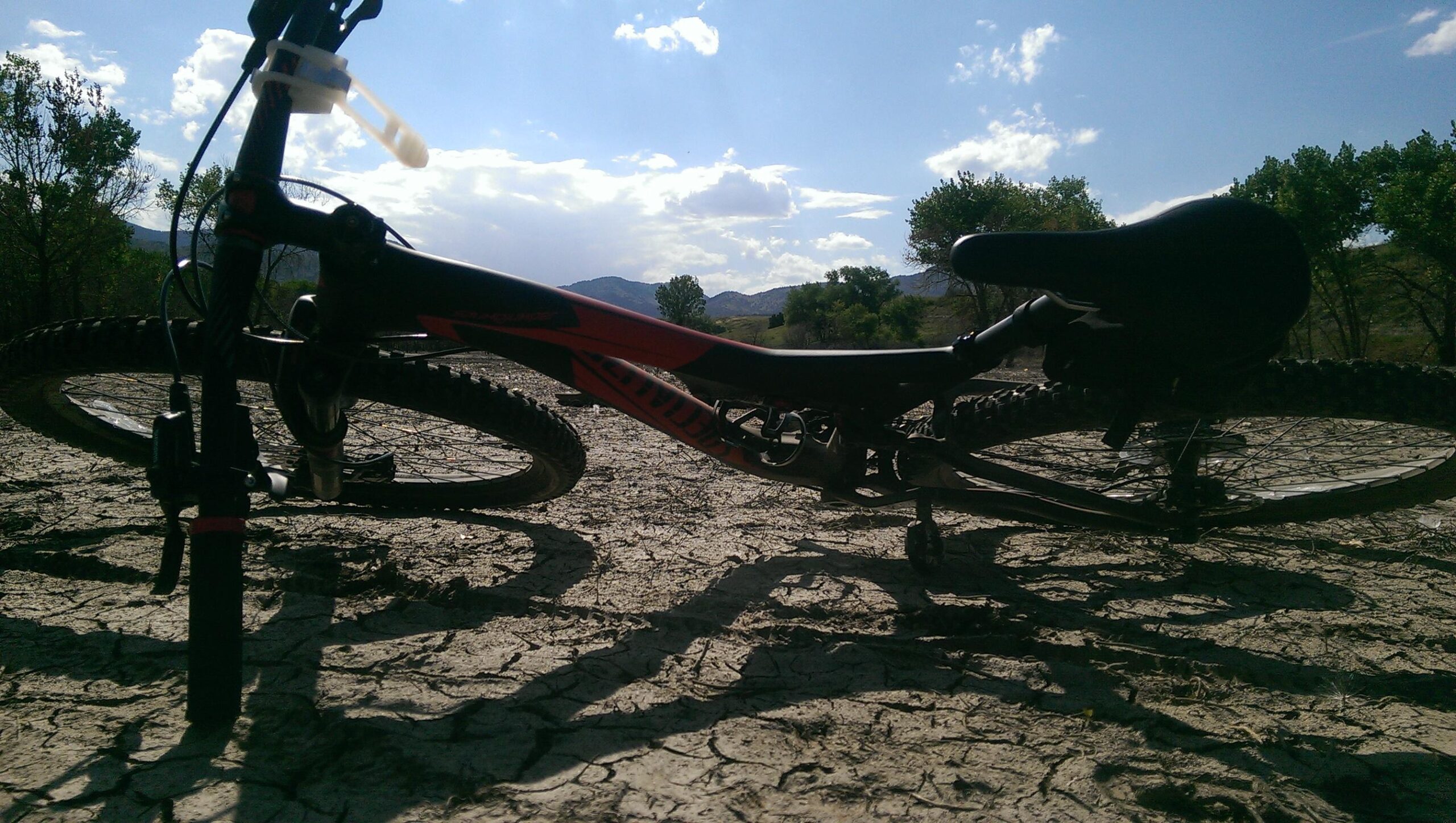 Specialized Stumpjumper FSR Comp Carbon 29: A mountain bike resting on cracked, dry ground with a clear blue sky and distant mountains in the background.