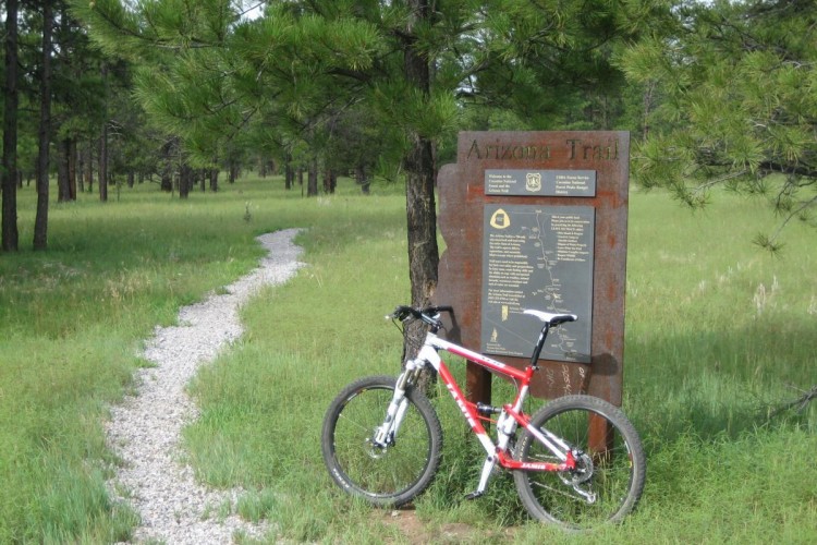Mountain bike resting beside a trail sign for the Arizona Trail, surrounded by green grass and tall pine trees. A gravel path winds through the landscape, inviting exploration.