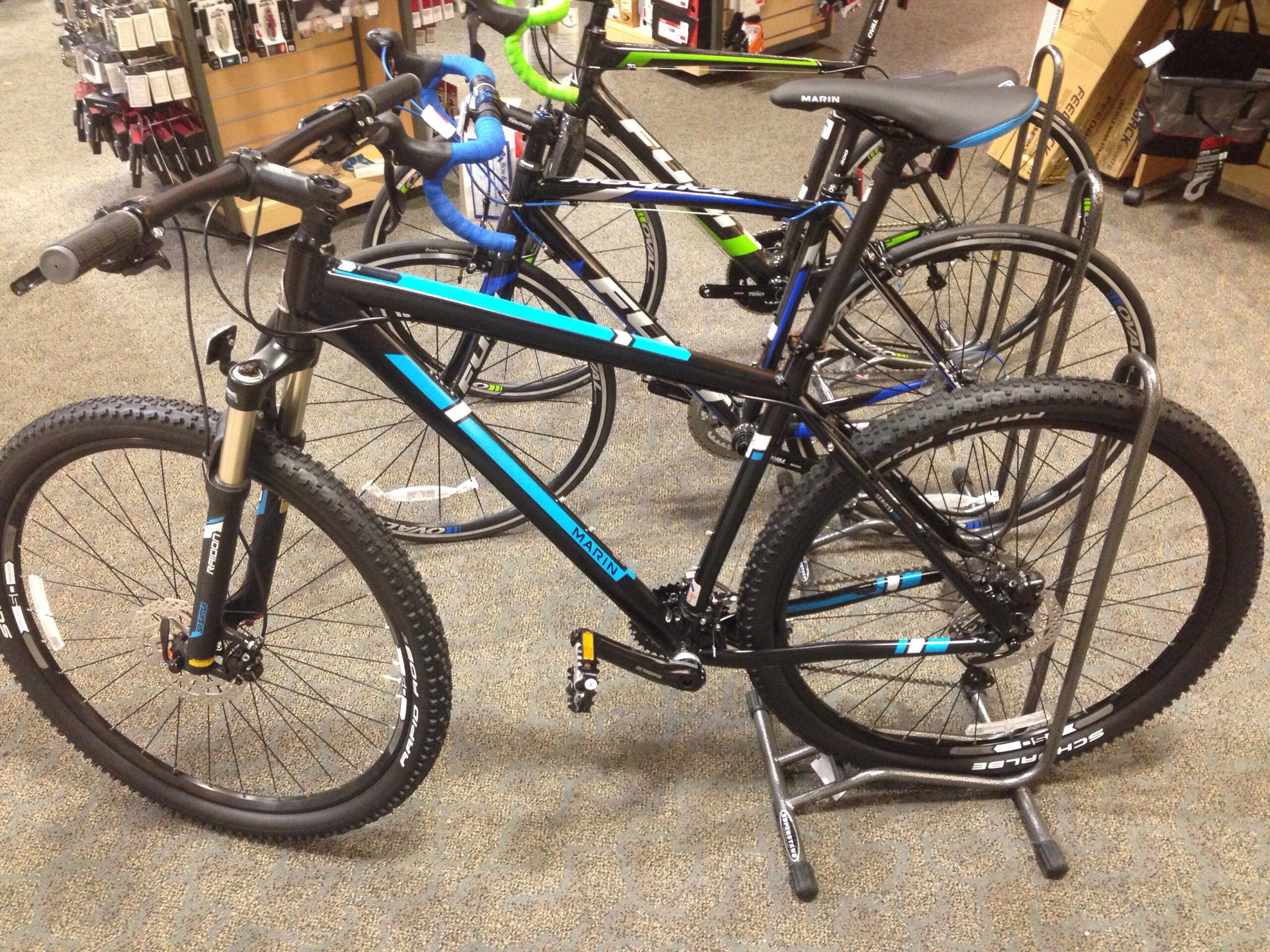 Marin Bobcat Trail: A display of mountain bikes in a retail store, featuring a black bike with blue and white accents prominently in the foreground, along with additional bikes in the background. The bikes are positioned on a metal rack with a carpeted floor and various bike accessories visible on the shelves behind.