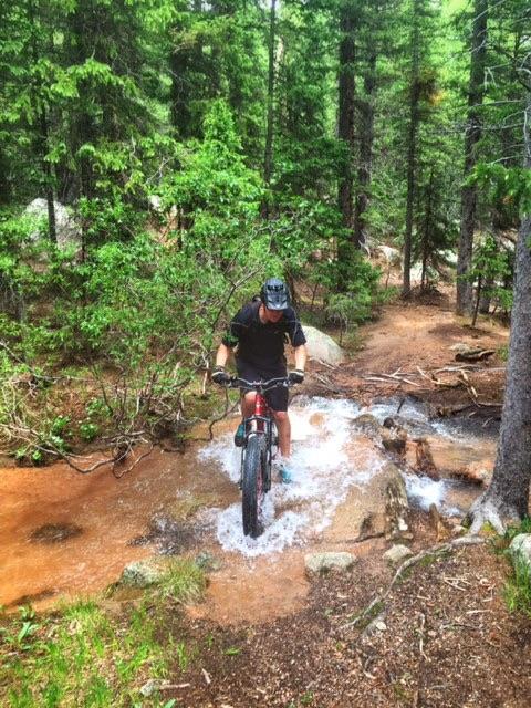 A cyclist navigating through a small stream on a mountain biking trail, surrounded by lush greenery and trees. The rider is wearing a helmet and biking gear, with water splashing as they cross the rocky terrain. Elk Park Trail mountain bike trail.
