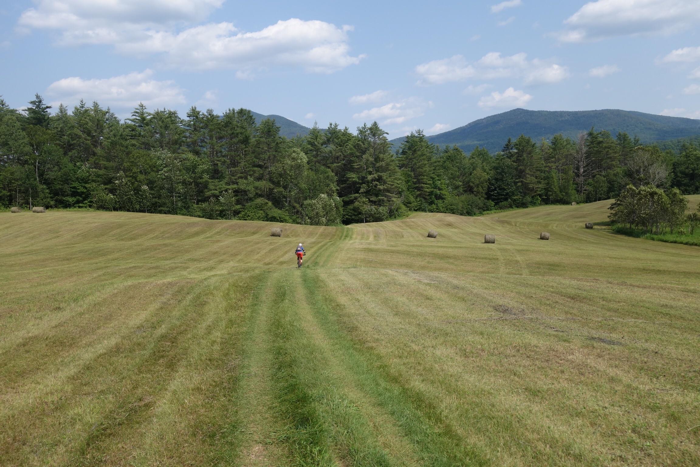 A person riding a bicycle down a grassy path in a lush, open landscape surrounded by rolling hills and trees, with hay bales scattered across the field under a partly cloudy sky. Kingdom Trails mountain bike trail.