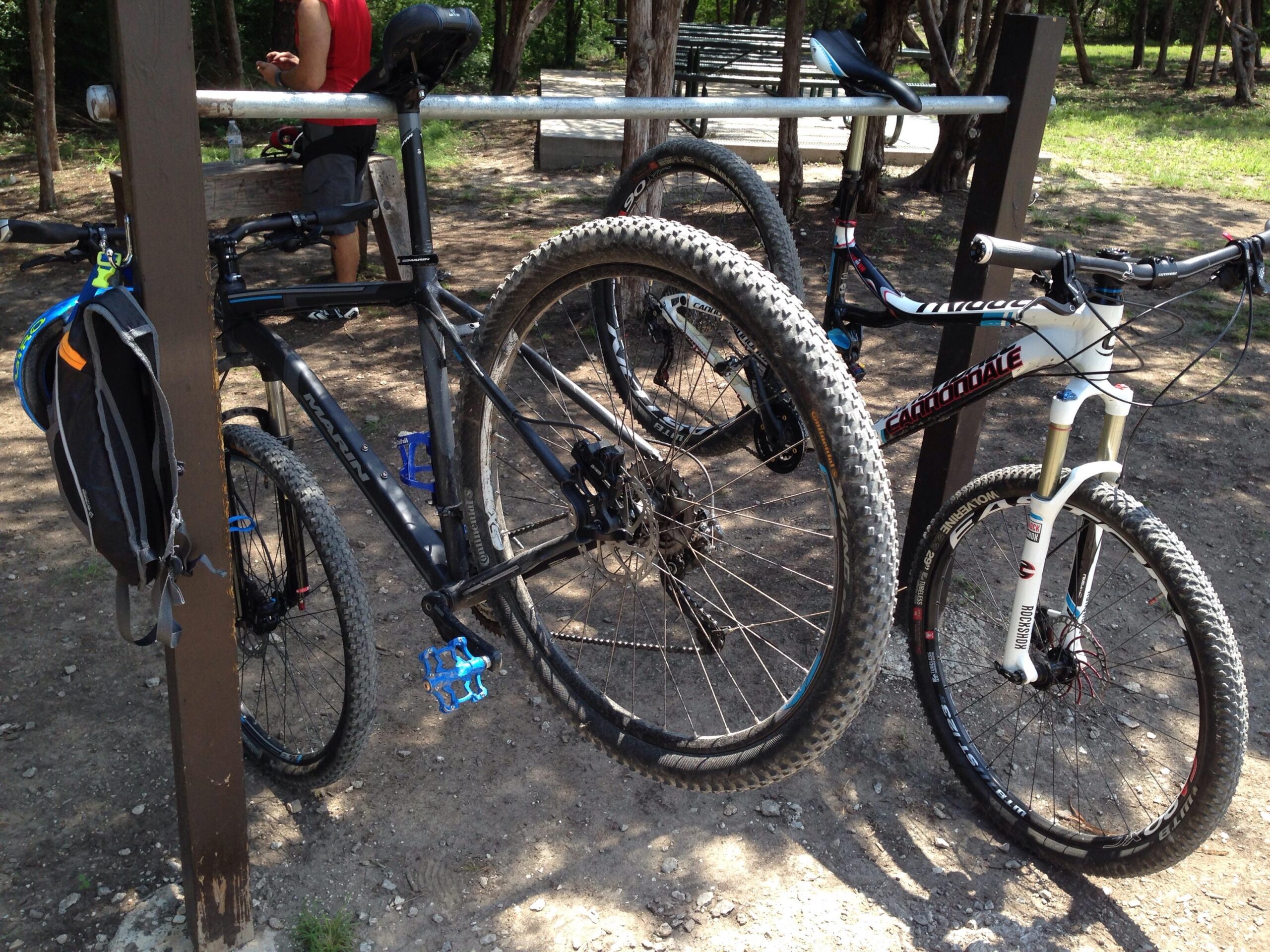 Marin Bobcat Trail: Two mountain bikes are parked at a bike rack in a natural setting. One bike is black with blue pedals and has a backpack hanging from it. The other bike is white with red details. In the background, there is a person in a red shirt, engaged with a mobile phone, and a picnic area visible under shady trees.