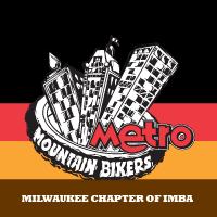 Logo for the Metro Mountain Bikers, featuring stylized buildings and a tire graphic, with text reading "Milwaukee Chapter of IMBA." The background has a black and colored stripe design.