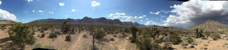 A panoramic view of a desert landscape featuring sparse vegetation, including small shrubs and cacti, with mountains in the background under a partly cloudy sky. The scene captures the dry, rugged terrain typical of arid regions. Blue Diamond mountain bike trail.