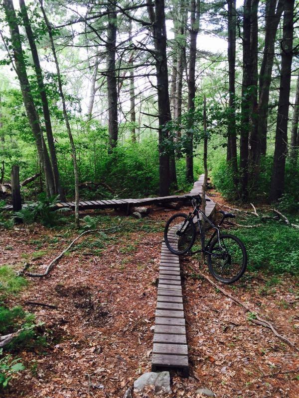 A mountain bike resting on a wooden trail surrounded by dense green foliage and trees in a forested area. The trail features narrow wooden planks that wind through the natural landscape, with patches of brown leaves and fallen branches on the ground. The scene conveys a peaceful, outdoor setting ideal for biking or hiking. Village Park/ Abrams Rock mountain bike trail.