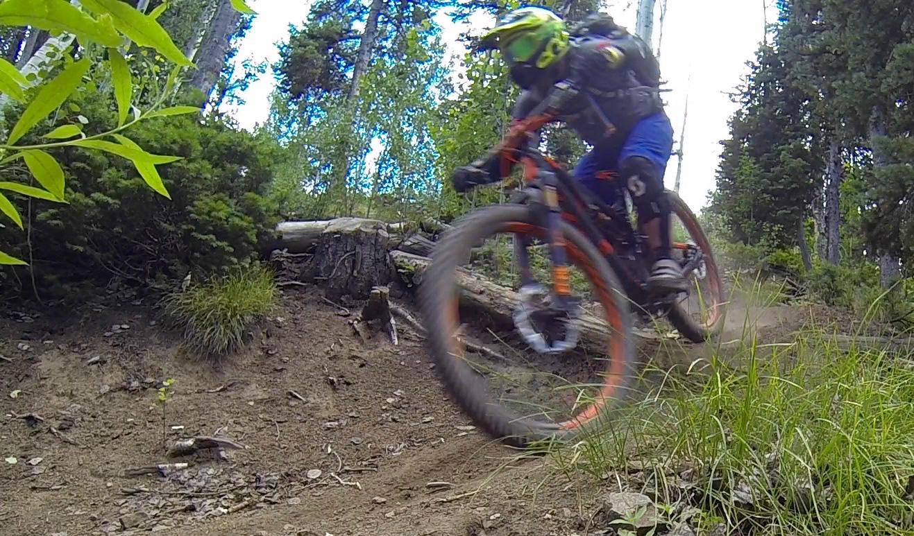 A mountain biker navigating a dirt trail in a forested area, surrounded by trees and greenery, with the bike's wheels kicking up dust as it rides past a log. Deer Valley Resort Bike Park mountain bike trail.
