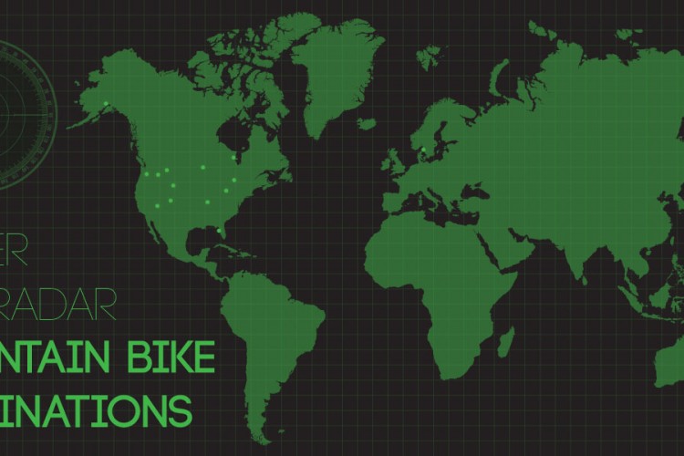 A world map featuring highlighted areas in green, accompanied by the text "Under the Radar Mountain Bike Destinations." The background is dark with a grid pattern, and a radar graphic is visible in the top left corner.