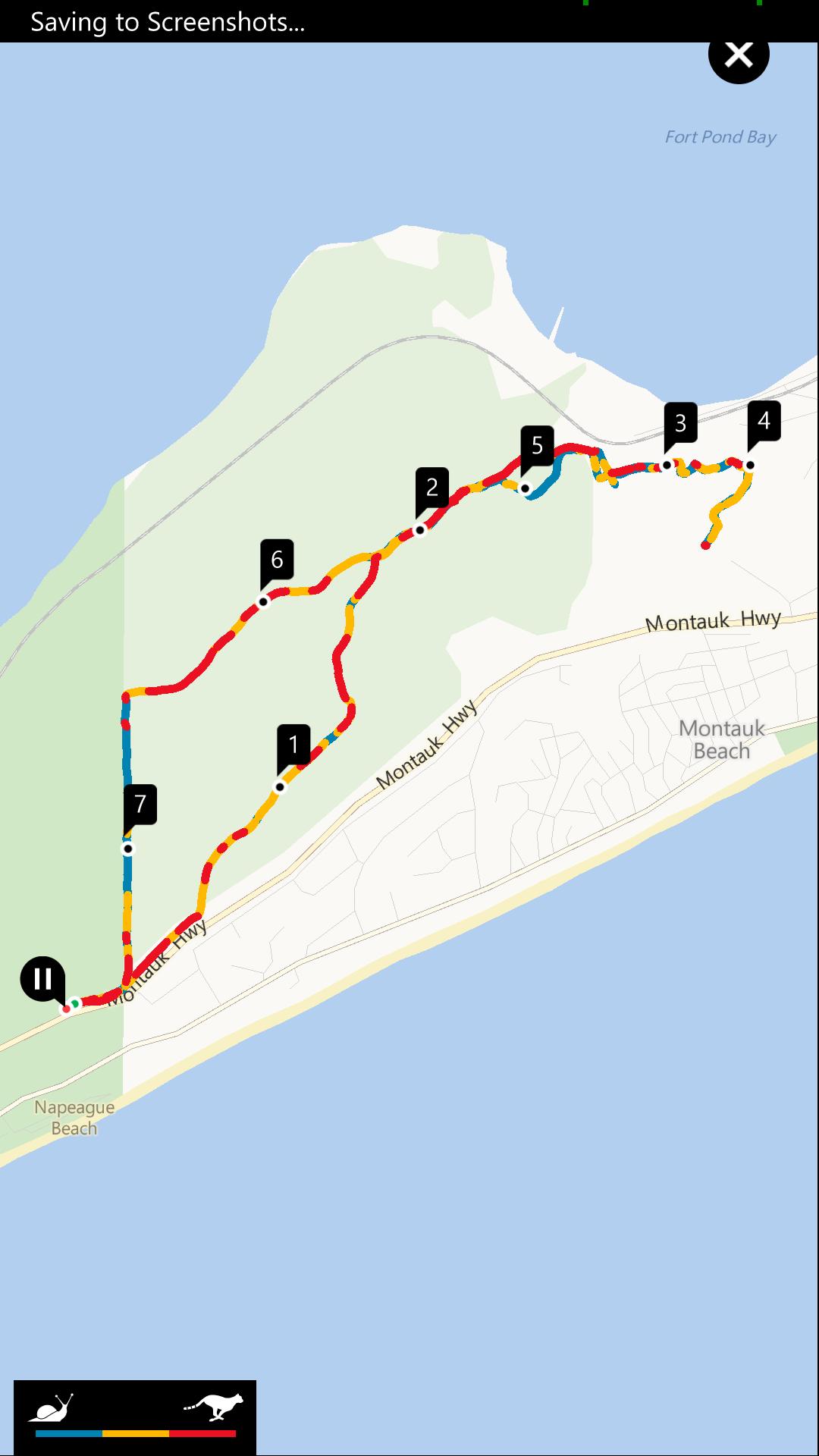A map of the Montauk area showing various routes along Montauk Highway, with marked points labeled from 1 to 7, indicating specific locations or features. The map includes surrounding water bodies, including Fort Pond Bay, and is designed for navigation or tracking purposes. Hither Woods mountain bike trail.