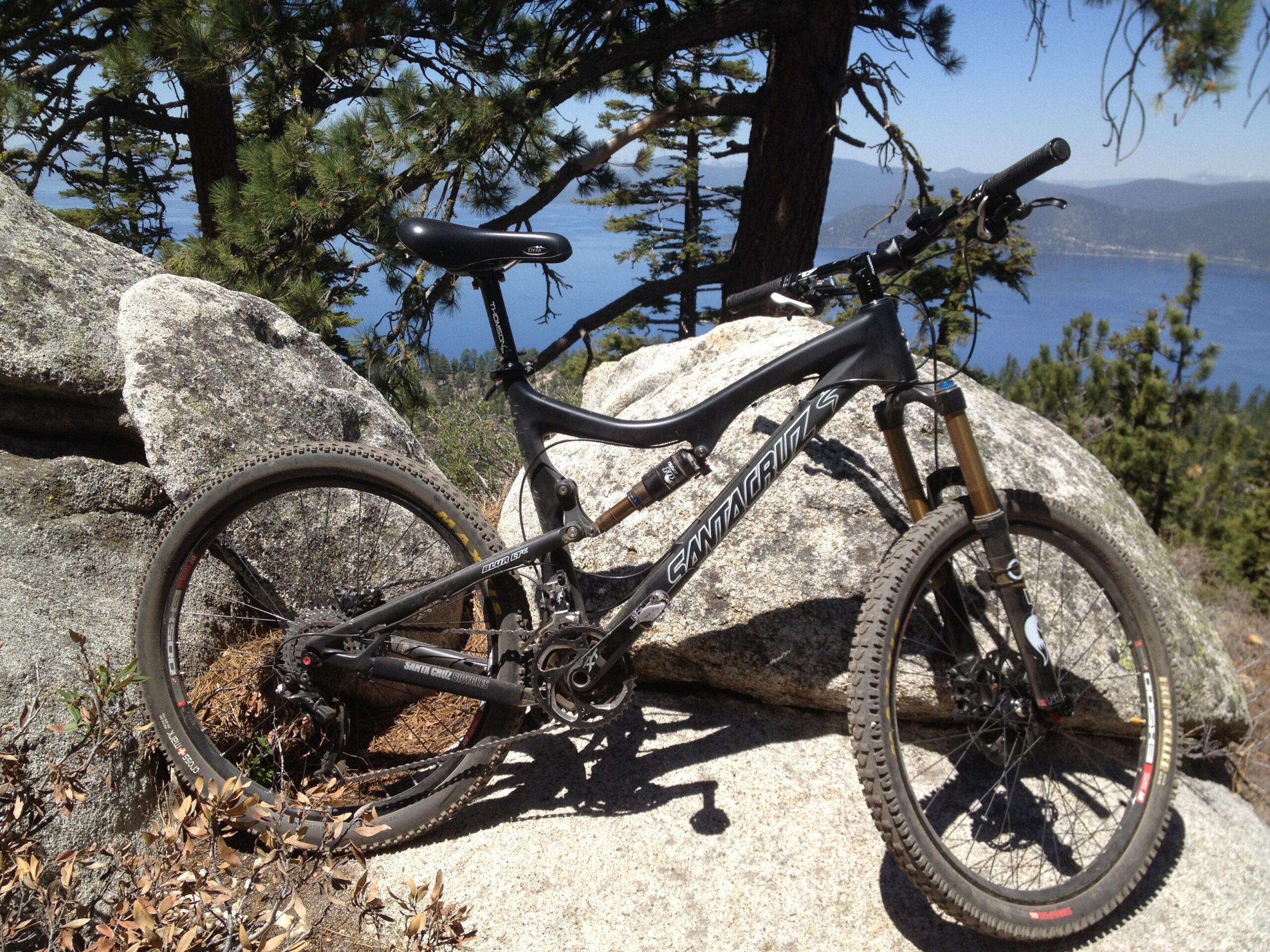 Santa Cruz Blur: A mountain bike rests against a large rock, surrounded by pine trees and overlooking a scenic lake in the background. The sky is clear, suggesting a sunny day.
