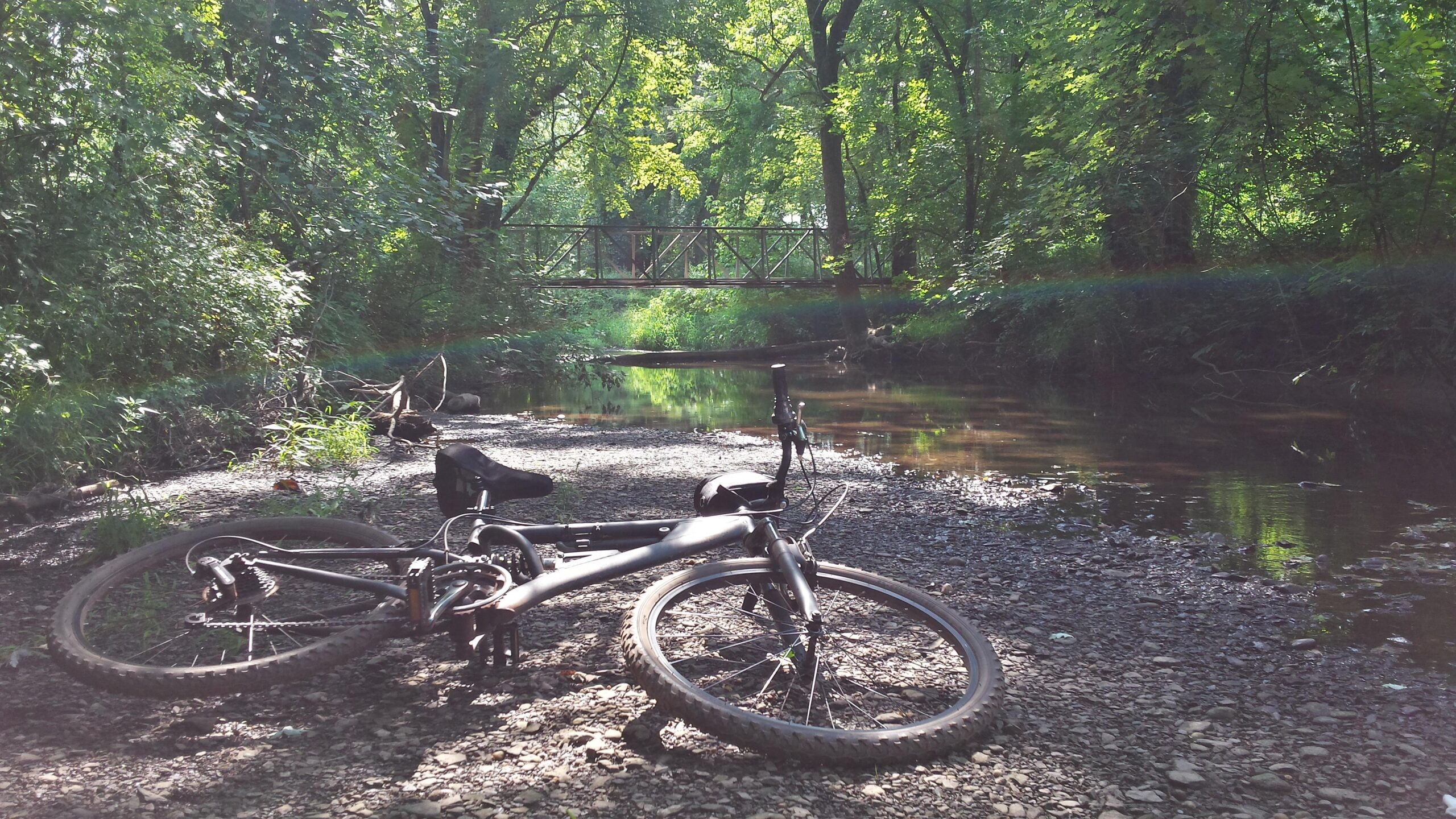 A mountain bike lying on the gravel by a peaceful creek surrounded by lush greenery. In the background, a small bridge crosses the water, with sunlight filtering through the trees, creating a serene outdoor scene. Six Mile Run mountain bike trail.
