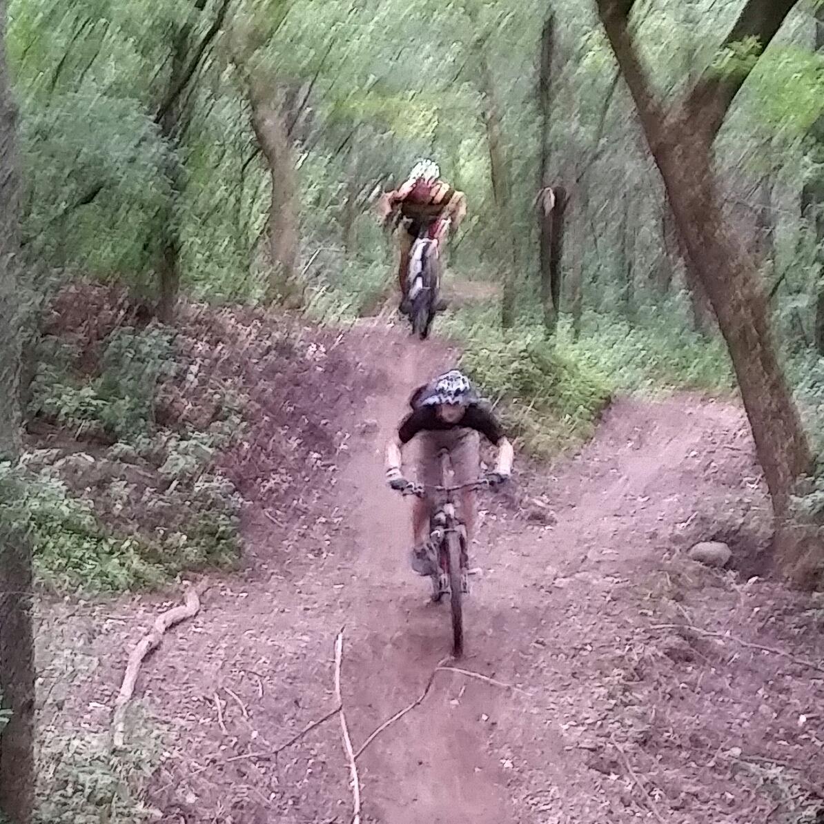 Two mountain bikers navigating a dirt trail in a wooded area. One rider is airborne above a jump in the background, while the other is riding down the path in the foreground, surrounded by lush greenery and trees. Lebanon Hills mountain bike trail.