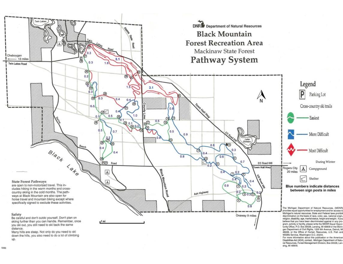 Alt tag: "Map of the Black Mountain Forest Recreation Area pathway system within Mackinaw State Forest, showing cross-country ski trails with varying difficulty levels, parking lot locations, and a safety guide." Black Mountain Forest Pathway mountain bike trail.