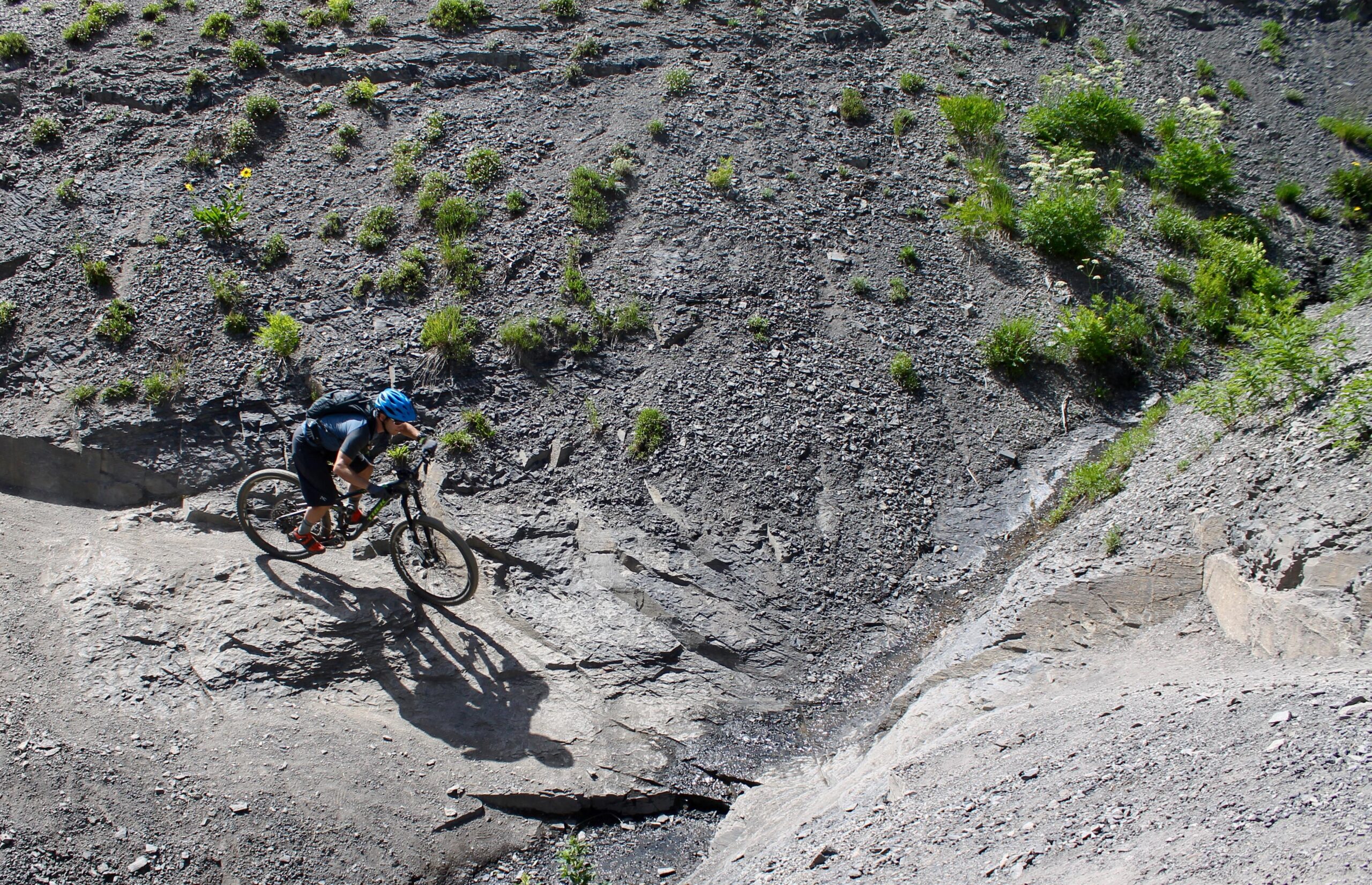 A mountain biker navigating a rocky trail on a sunlit day, with sparse greenery and small wildflowers scattered across the rugged terrain. Trail 401 mountain bike trail.