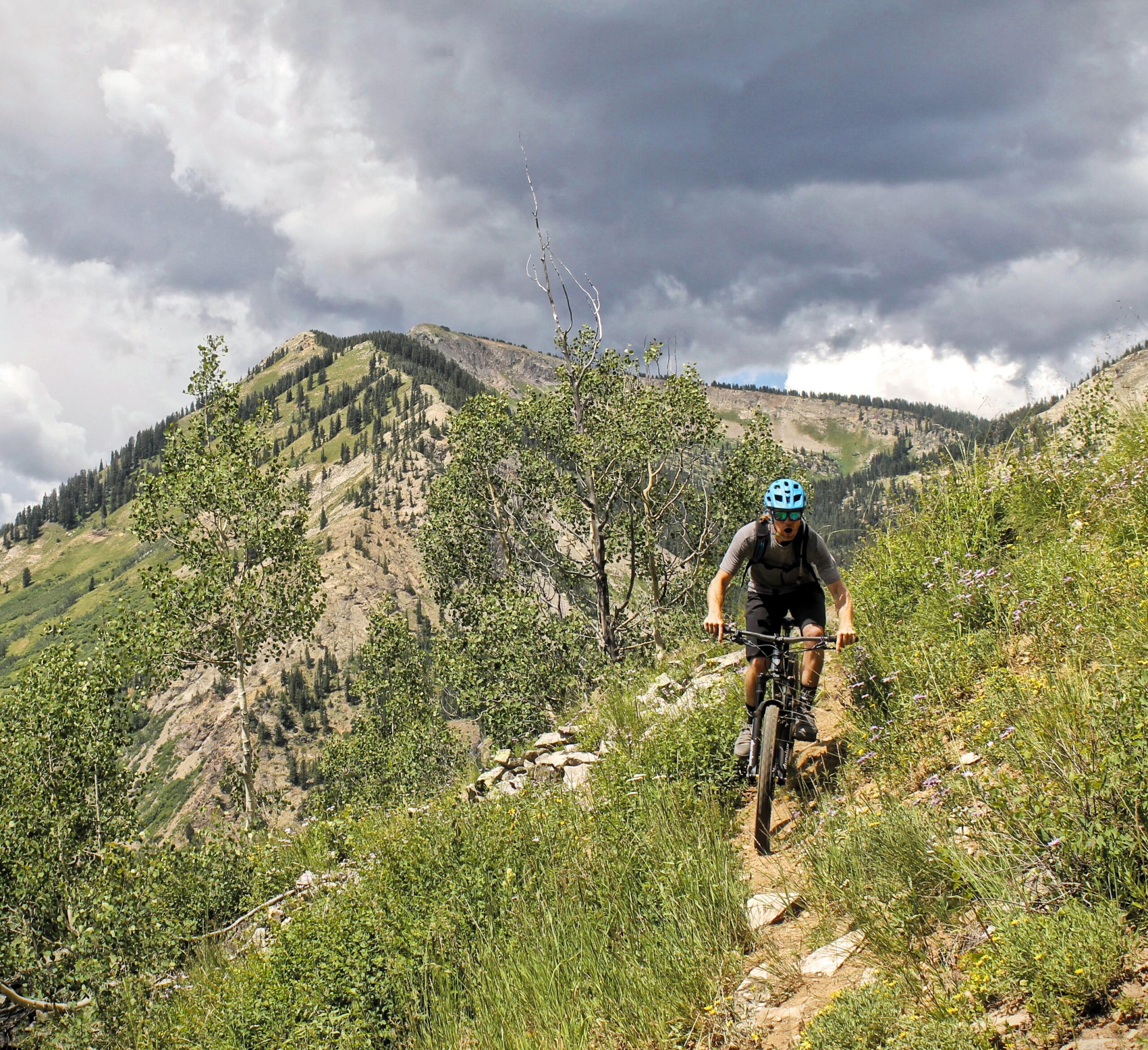 A mountain biker navigates a rocky trail through a lush green landscape, with distant mountains and a cloudy sky in the background. Lily Lake / Splains Gulch / #639 mountain bike trail.