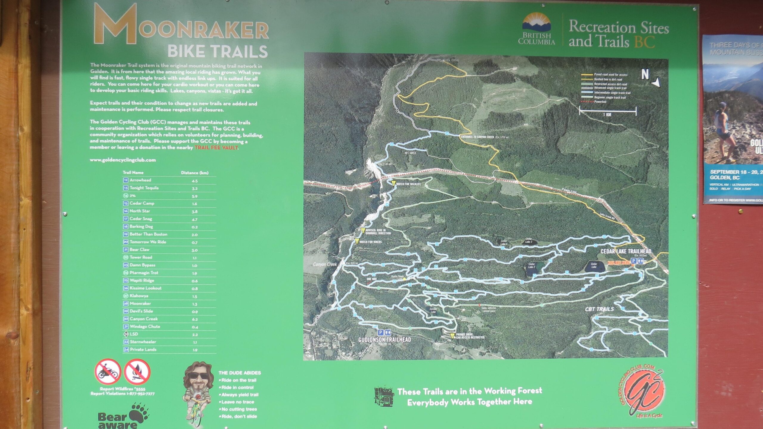 A green informational sign displaying a map of the Moonraker Bike Trails in British Columbia. The map outlines various trails, including trail names and distances, alongside notes about trail conditions and maintenance. Additional safety information and a notice about respecting the environment are included. The sign emphasizes collaboration with the Golden Cycling Club and highlights the scenic features of the trails. Moonraker Trails mountain bike trail.