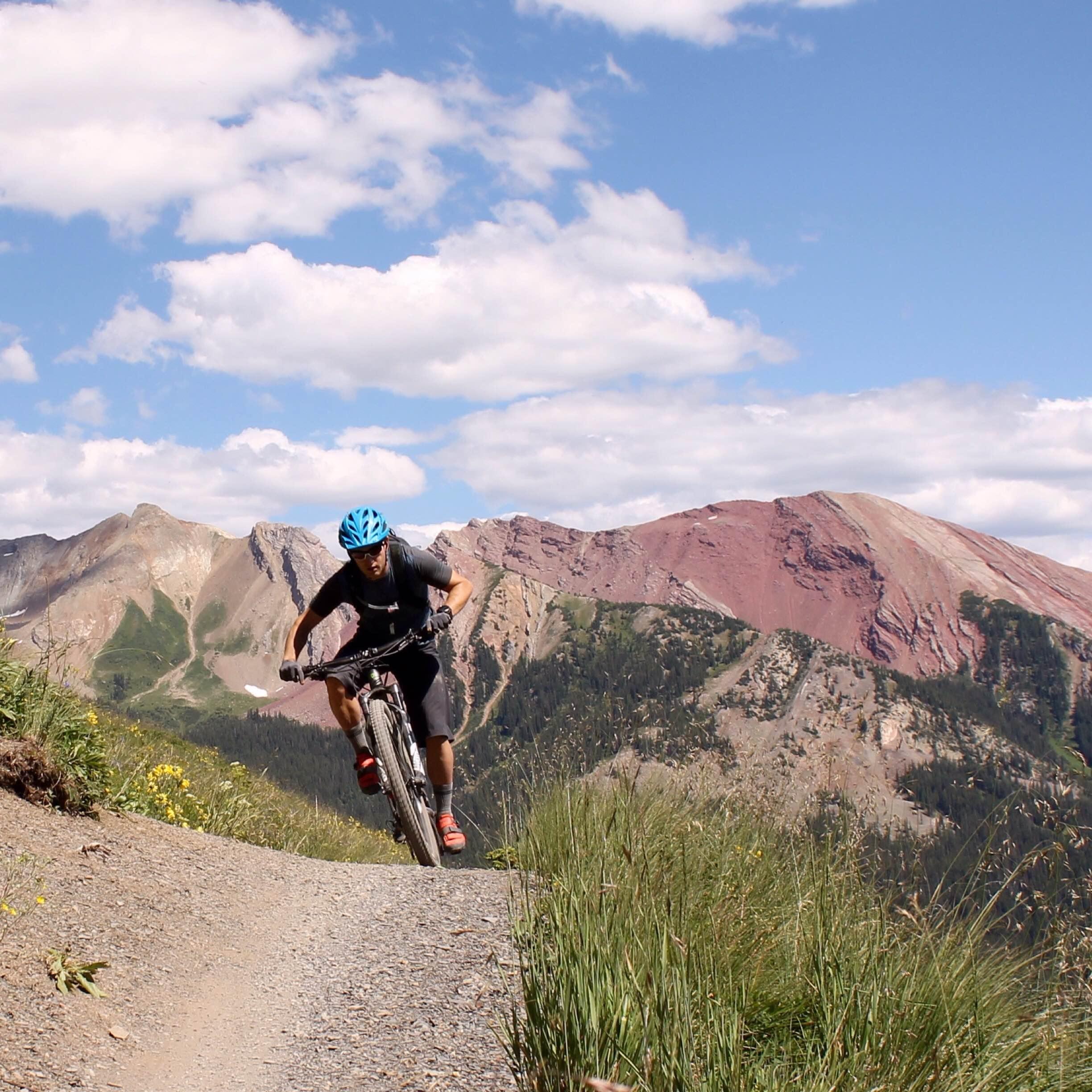 A mountain biker navigating a winding trail through lush greenery, with rugged mountains and a blue sky in the background. The cyclist is wearing a blue helmet and dark clothing, showcasing an active outdoor adventure in a scenic landscape. Trail 401 mountain bike trail.