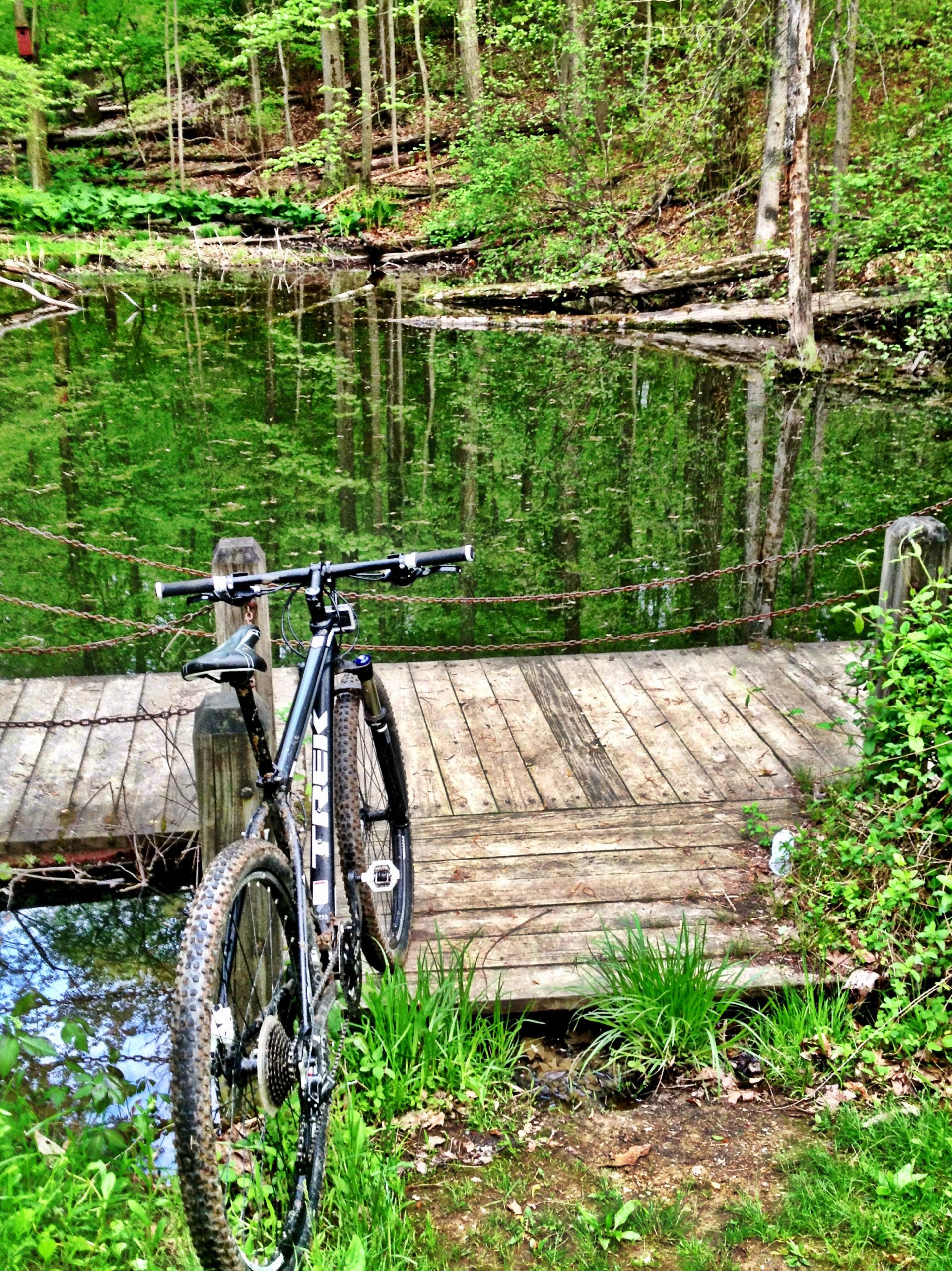 A mountain bike parked near a wooden dock overlooking a calm pond surrounded by lush green trees and foliage. The water reflects the greenery, creating a serene natural setting. Hashawha mountain bike trail.