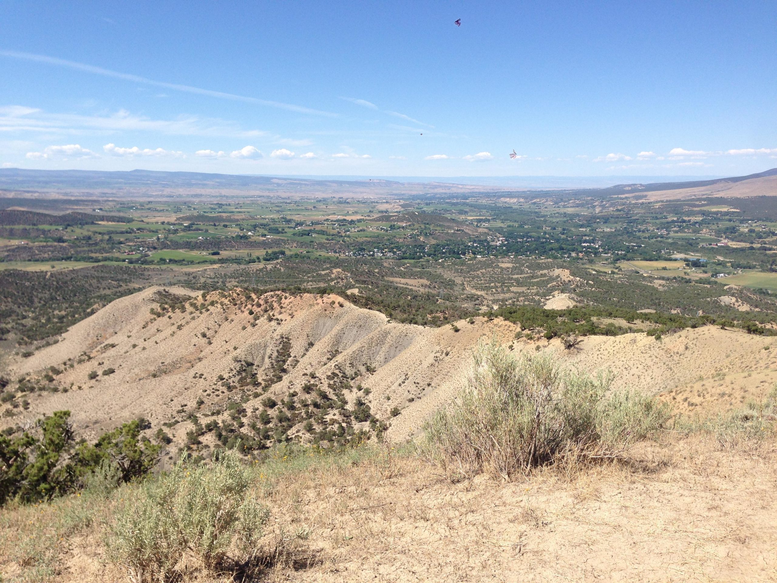 A panoramic view of a mountainous landscape features rolling hills and valleys under a clear blue sky. The foreground shows dry, rocky terrain with sparse vegetation, while the background reveals lush green fields and distant hills stretching towards the horizon. Fluffy white clouds punctuate the sky, enhancing the serene and open atmosphere of the scene. Jumbo Mountain mountain bike trail.
