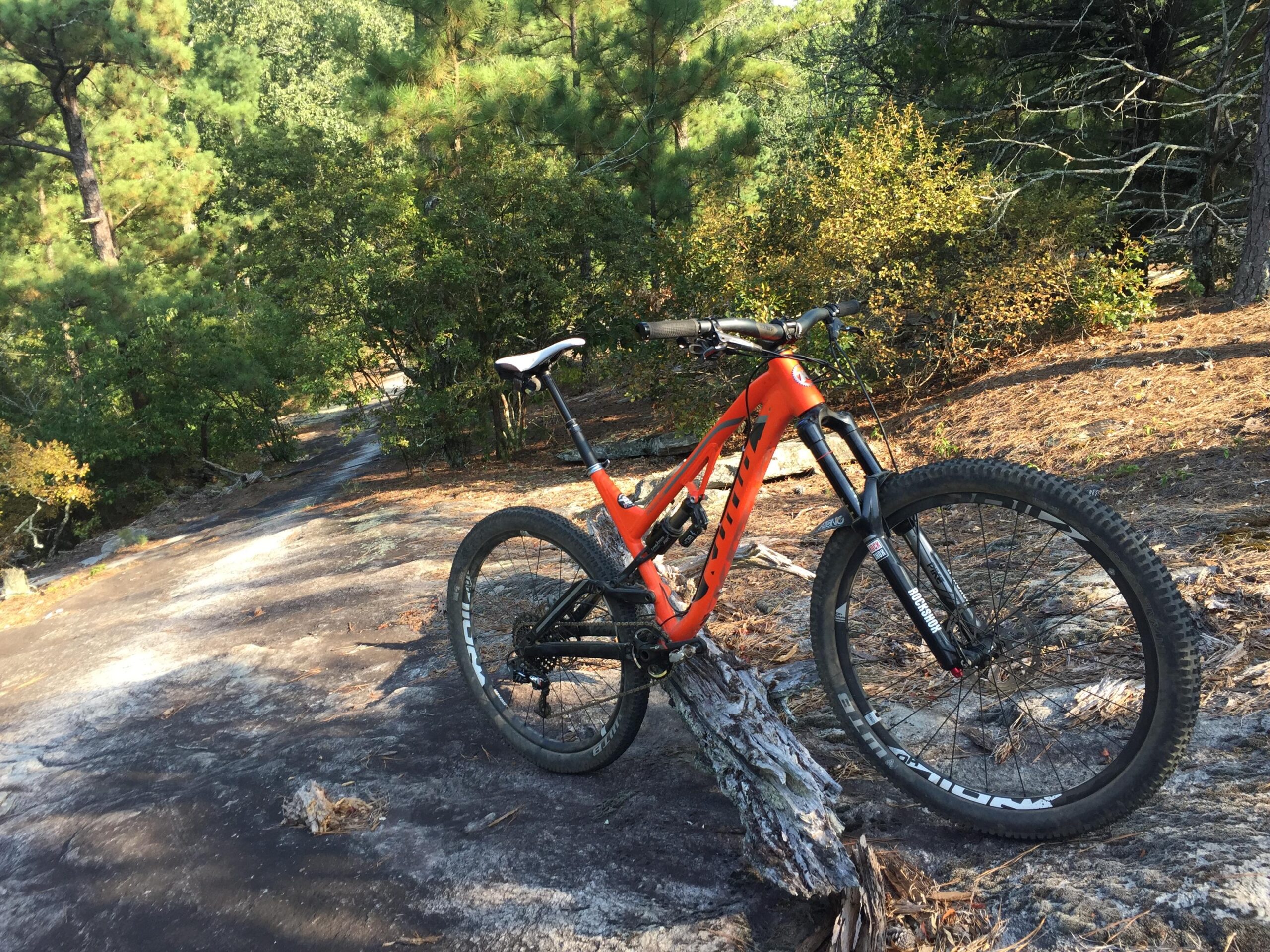 Kona Process 153 DL: A mountain bike with an orange frame rests against a log on a rocky trail surrounded by trees and foliage. The path leads into a wooded area.