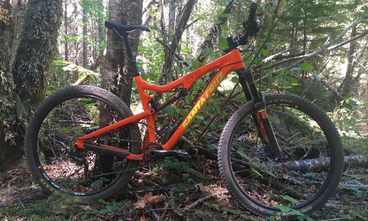 Santa Cruz 5010: A bright orange mountain bike is leaning against a tree in a wooded area, surrounded by green foliage and undergrowth. The bike features wide tires suitable for rugged terrain and has visible branding on the frame. Sunlight filters through the trees, creating a natural setting ideal for outdoor biking.