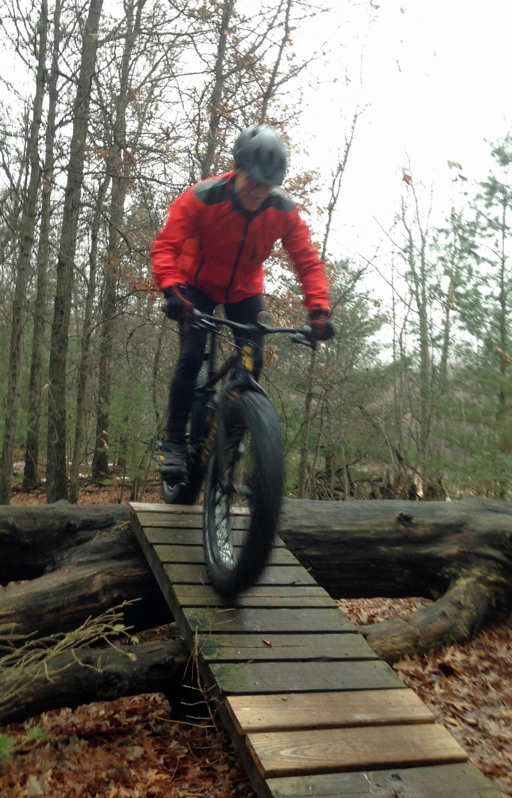 Specialized Fatboy: A person in a red jacket and helmet riding a fat tire bike over a wooden bridge in a forested area, with trees and fallen leaves visible in the background. The rider is in motion, creating a dynamic scene.