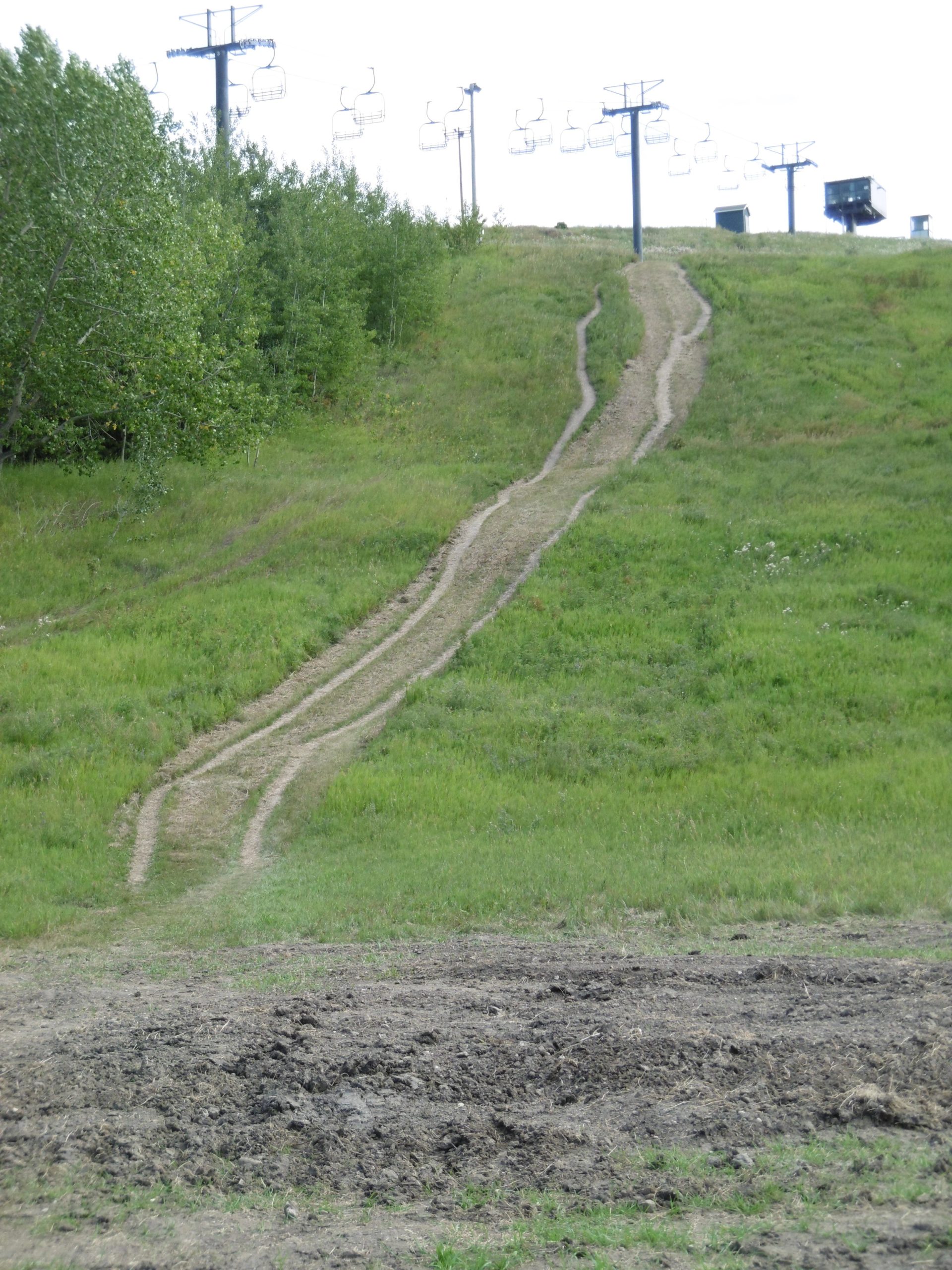 An outdoor landscape showing a grassy hill with worn dirt paths leading downhill. In the background, several ski lift chairs are visible, suggesting a ski resort setting. Lush greenery borders the hill on the left side, while the ground in the foreground appears more bare and uneven. Strathcona Science Park mountain bike trail.
