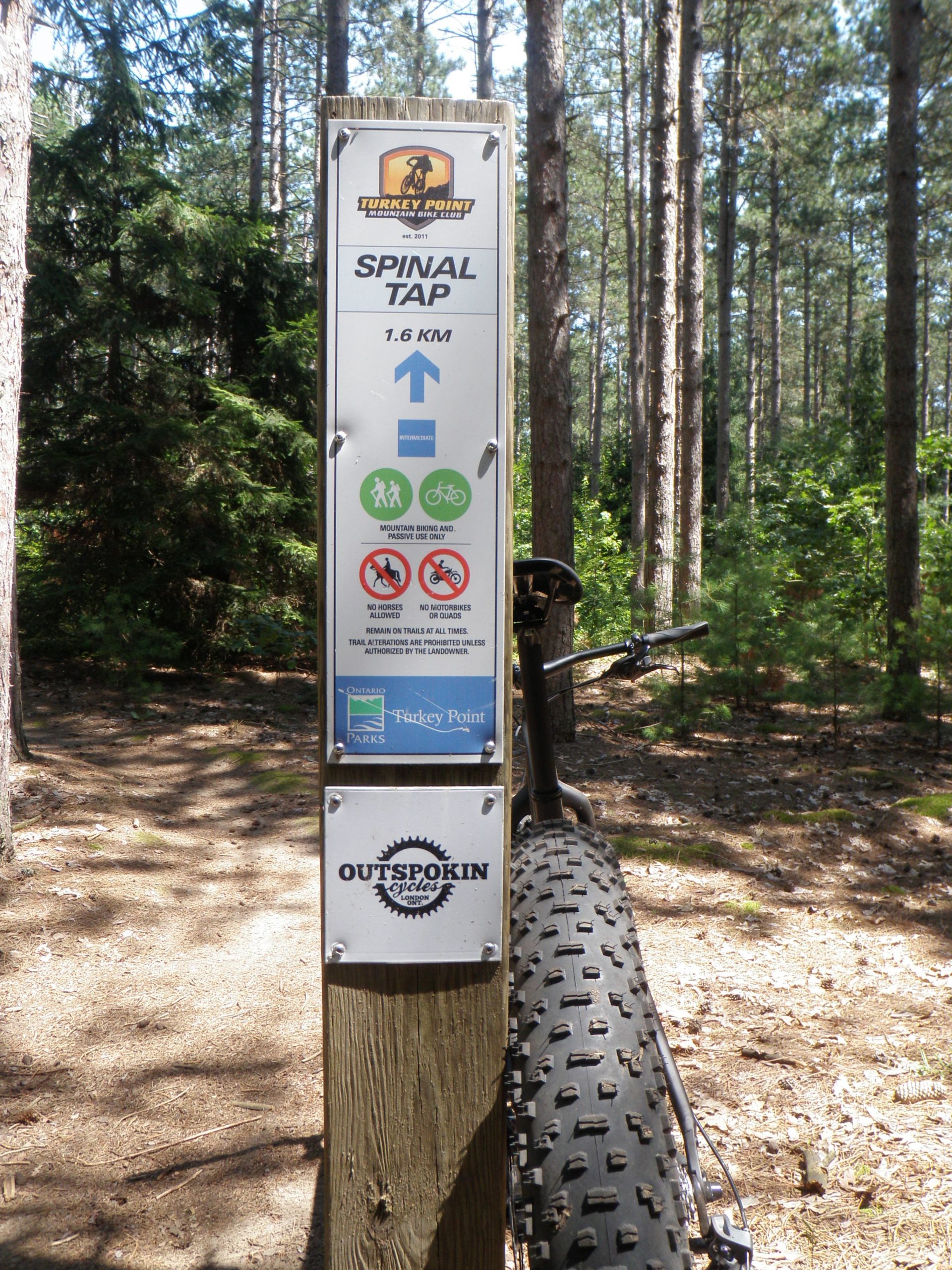 Signpost marking the "Spinal Tap" mountain biking trail at Turkey Point, indicating a distance of 1.6 km. The sign features icons for mountain biking and pedestrian use, along with restrictions against motorized vehicles and horseback riding. The surrounding forest includes tall trees and a dirt path leading into the trail. A bicycle can be seen to the right of the sign. Turkey Point Provincial Park mountain bike trail.