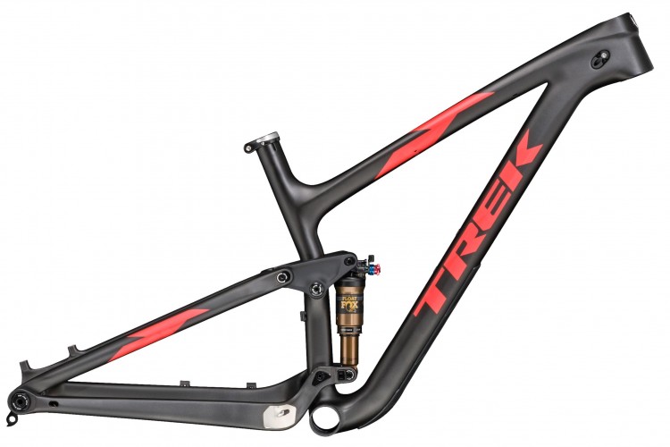 A black and red Trek bicycle frame featuring a rear suspension system. The design showcases a sleek and modern aesthetic, highlighting the craftsmanship and materials used in the construction of the frame.