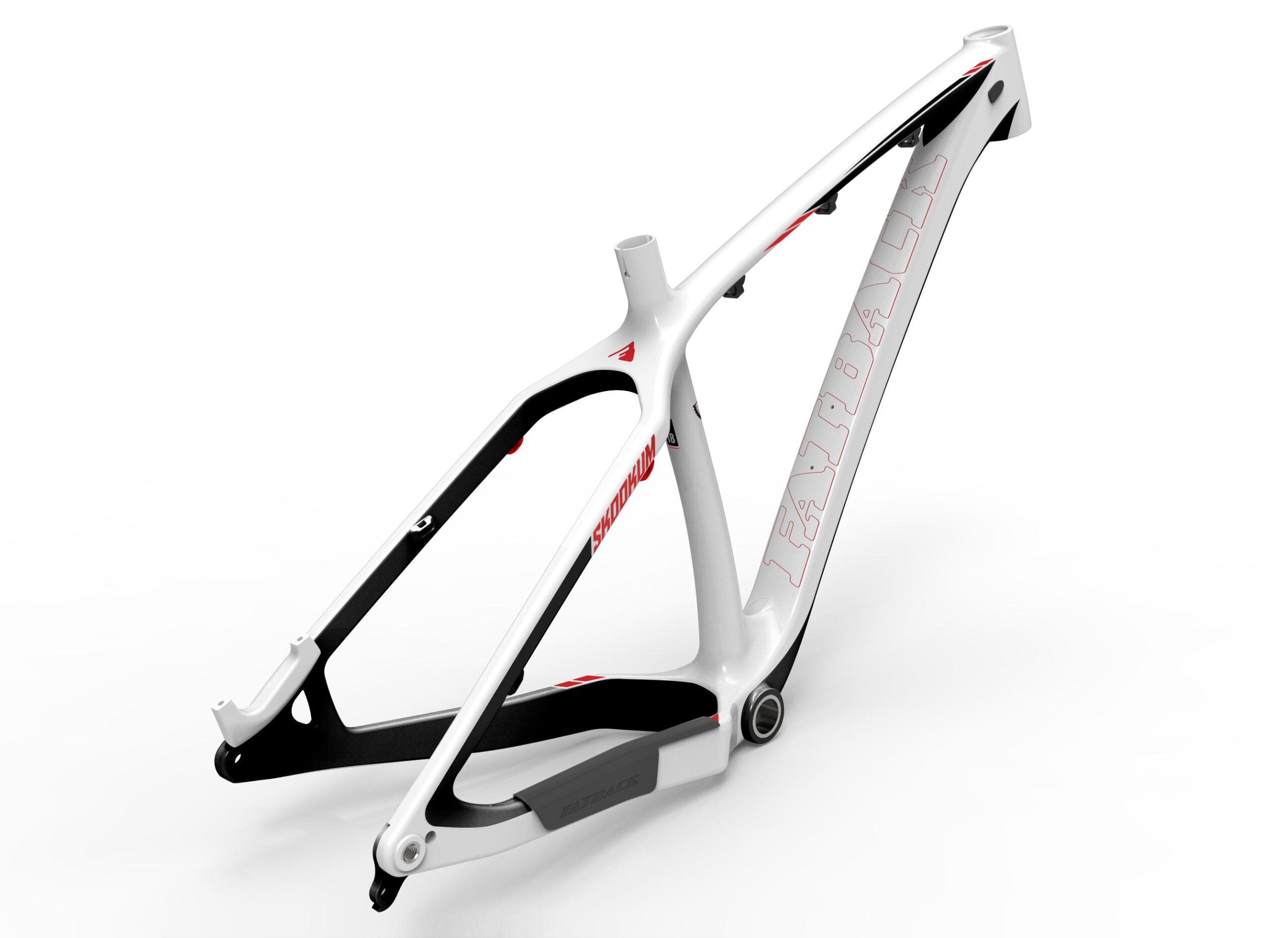 Fatback Skookum: A sleek white bicycle frame with black and red accents, showcasing a modern design. The frame features a minimalist style with visible mounting points and a prominent logo. The background is plain, emphasizing the frame's contours and structure.