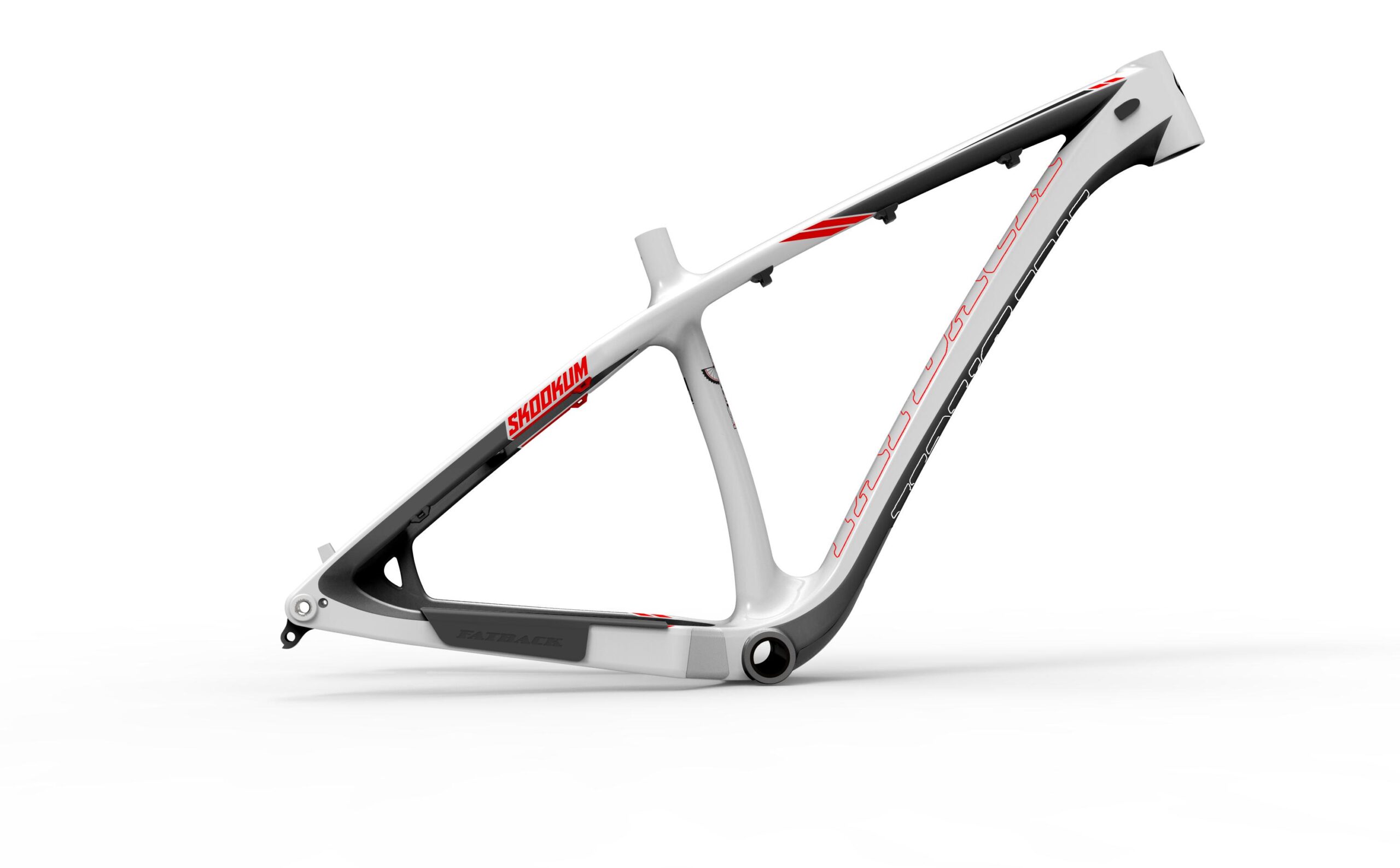 Fatback Skookum: Alt text: A modern bicycle frame in white and gray with red accents, showcasing a sleek design and lightweight structure, set against a plain white background.