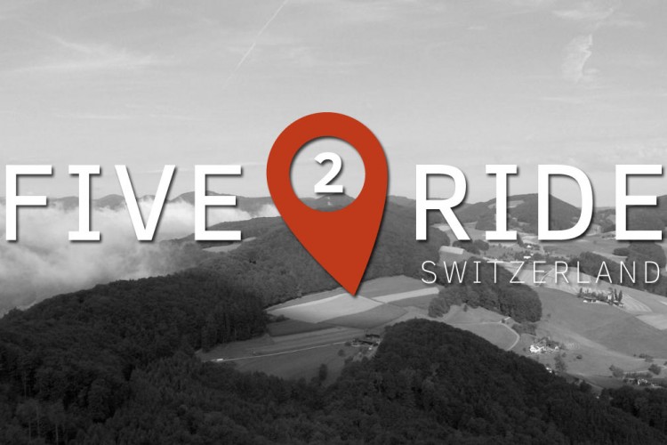 A black and white aerial view of Swiss countryside featuring rolling hills and agricultural fields, overlaid with the text "FIVE 2 RIDE SWITZERLAND" and a location pin graphic.