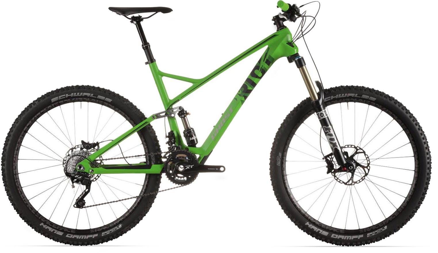 Ghost Riot LT 8: A bright green mountain bike with a lightweight frame, featuring wide tires and a full suspension system. The bike includes high-performance components like a disc brake and a Shimano XT drivetrain, positioned on a white background.