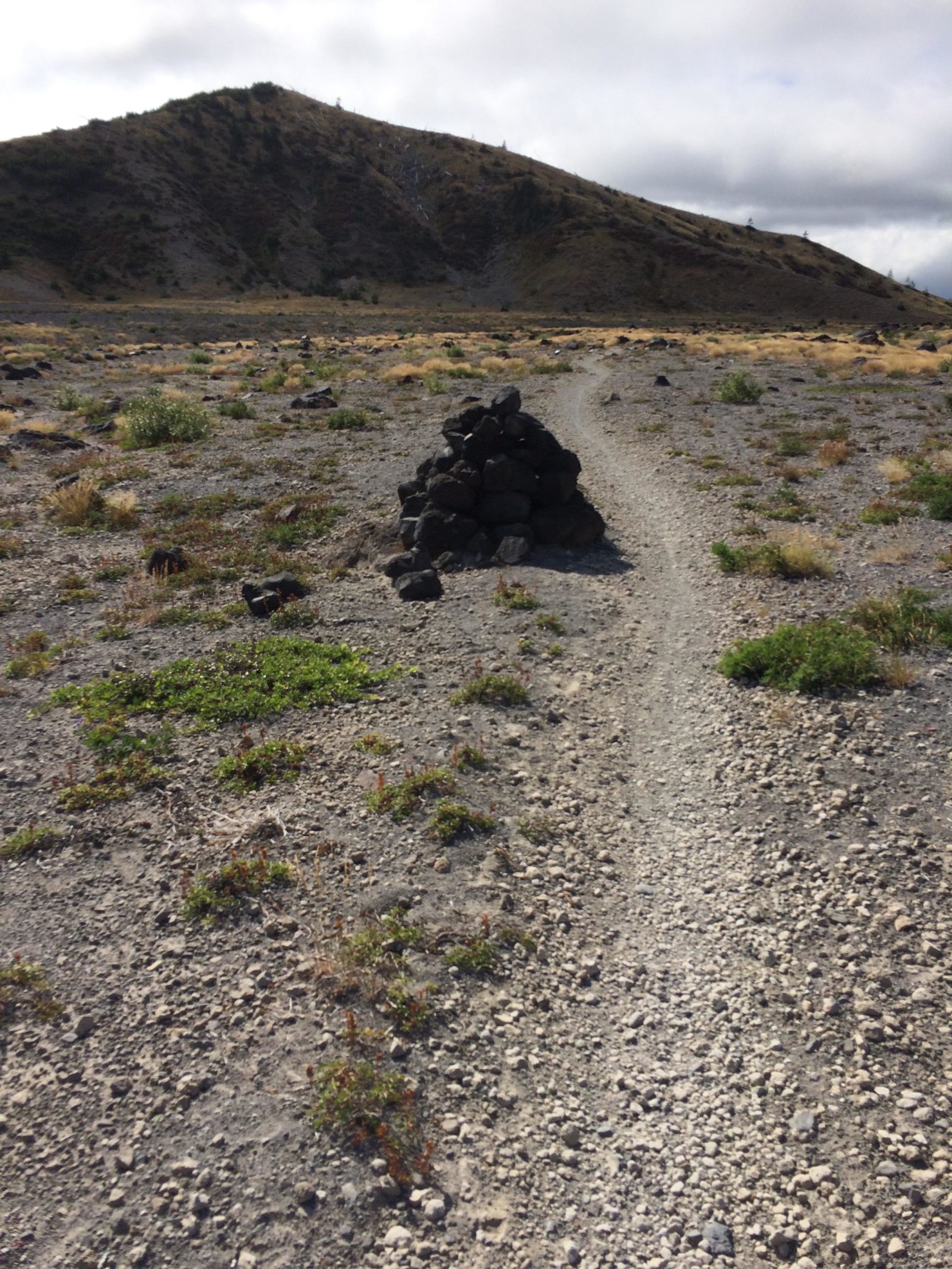A rocky path leads through a sparse landscape, with a small pile of dark stones on the left and a gently sloping hill in the background. The terrain is dry with patches of grass and various small plants, under a cloudy sky. Ape Canyon#234, Abraham#216d, Smith Creek#225 Trails mountain bike trail.