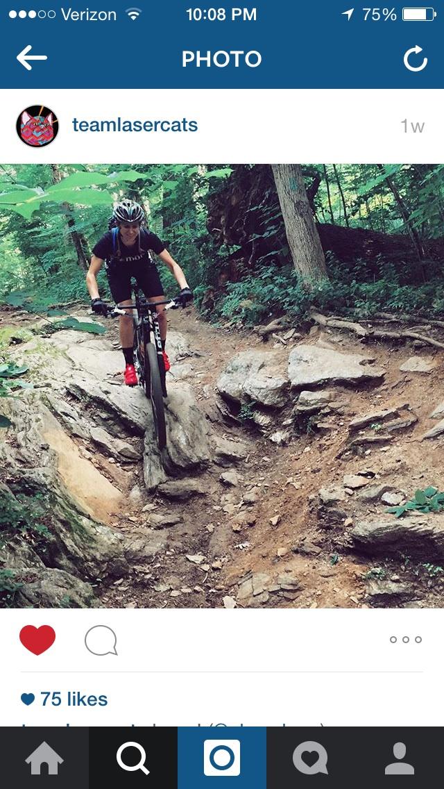 A mountain biker navigating a rocky trail in a wooded area, with the bike elevated over a boulder and surrounded by trees and foliage. Wissahickon Valley Park mountain bike trail.