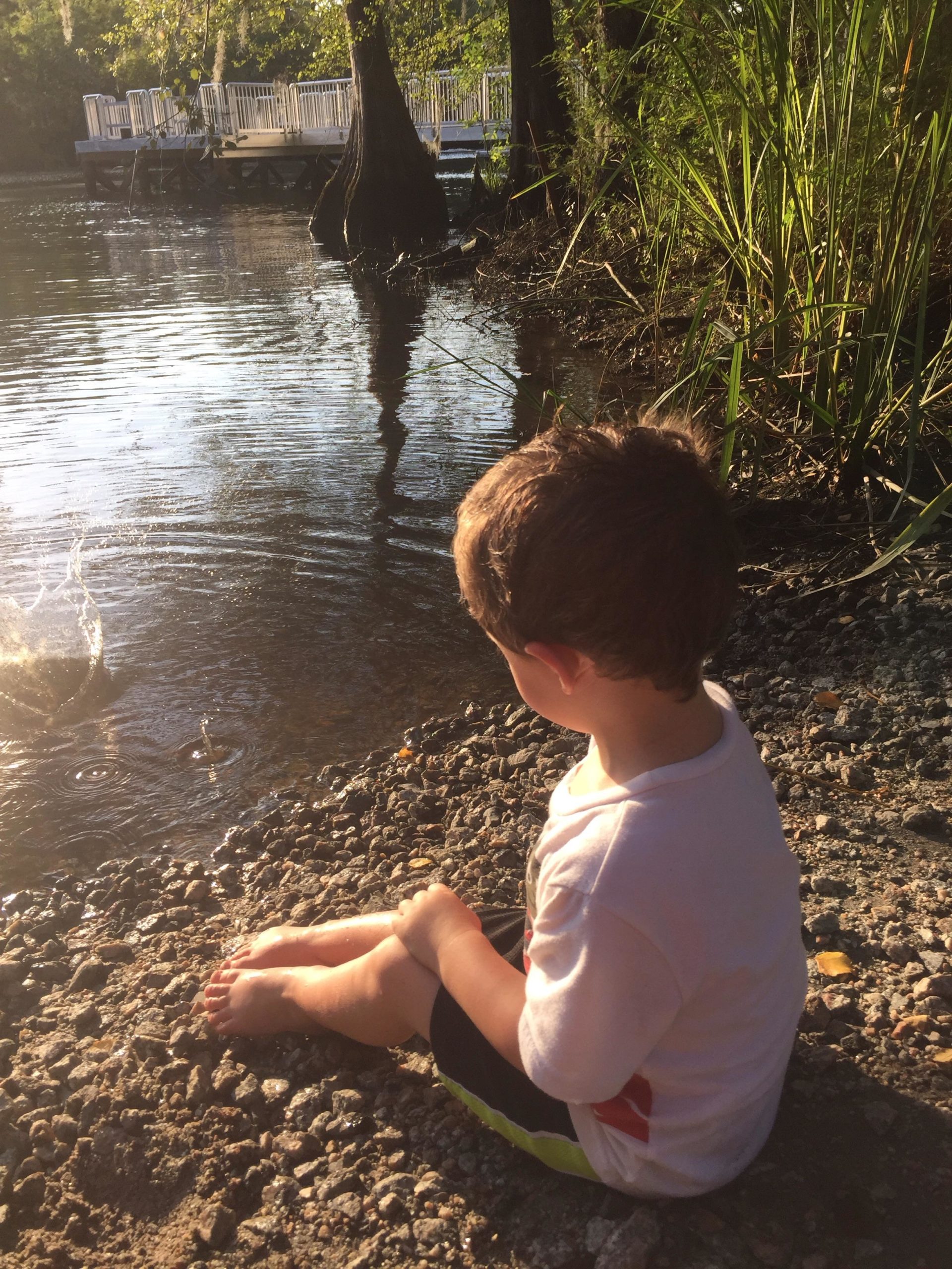 A young child sitting on a rocky riverbank, facing a calm water scene with splashes in the foreground. The child is barefoot, wearing a white shirt and black shorts with green accents. Sunlight filters through trees in the background, illuminating the tranquil environment with a dock partially visible in the distance. Jackson Bluff Trail System mountain bike trail.