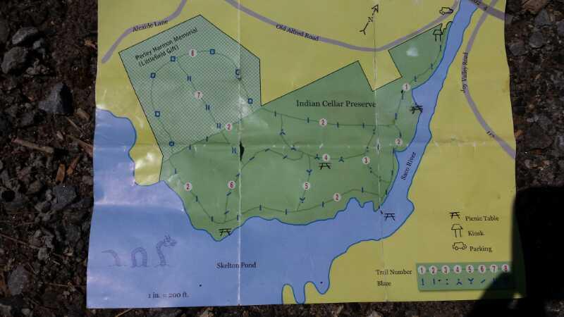 Map of Indian Cellar Preserve, featuring trails, picnic areas, and Skeleton Pond. The map indicates trail numbers, parking locations, and amenities. The area is highlighted in green with a legend for navigation. Salmon Falls mountain bike trail.
