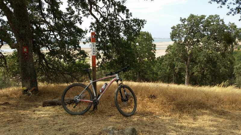 A mountain bike leaning against a trail marker, set in a grassy area with trees in the background, overlooking a scenic view. The marker indicates the start of a trail, surrounded by dry grass and foliage. Granite Bay Trail mountain bike trail.