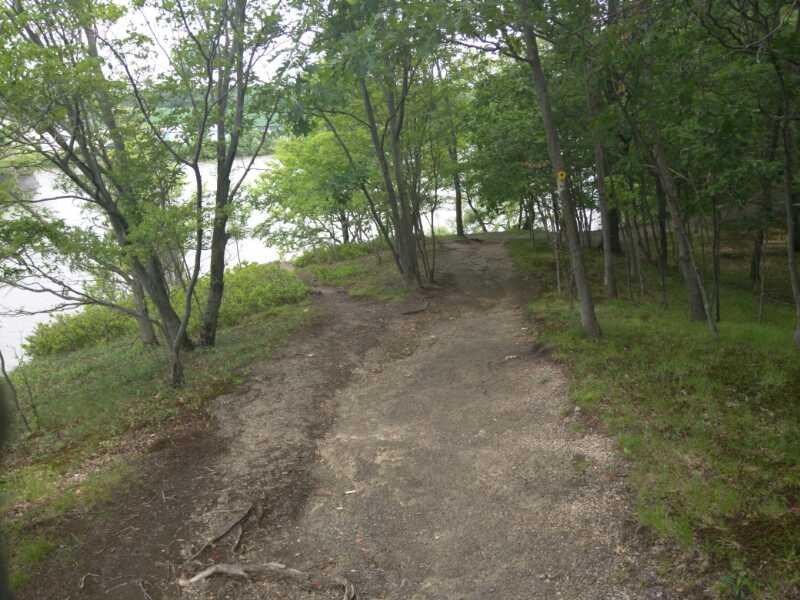 A quiet forest path with trees on either side, leading towards a grassy area near a body of water, under a slightly overcast sky. Old Champlain Canal Trail mountain bike trail.