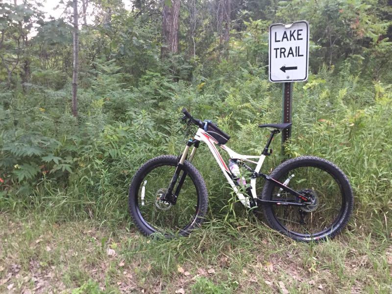 A mountain bike leaning against a sign that points to the "Lake Trail," surrounded by lush green foliage and tall grasses. The scene is set in a wooded area, indicating a natural and outdoor environment. Mammoth Trail mountain bike trail.