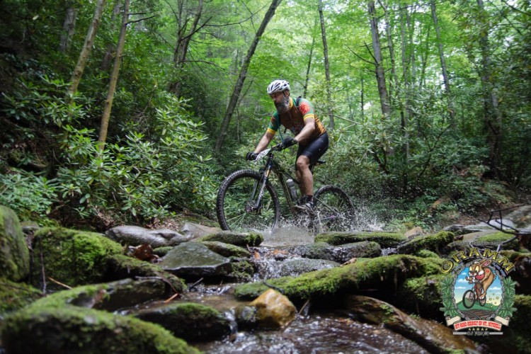 A mountain biker navigating through a rocky, moss-covered trail in a lush green forest. The rider is splashing through water as they pedal. Tall trees and dense foliage surround the scene, creating a vibrant outdoor atmosphere.