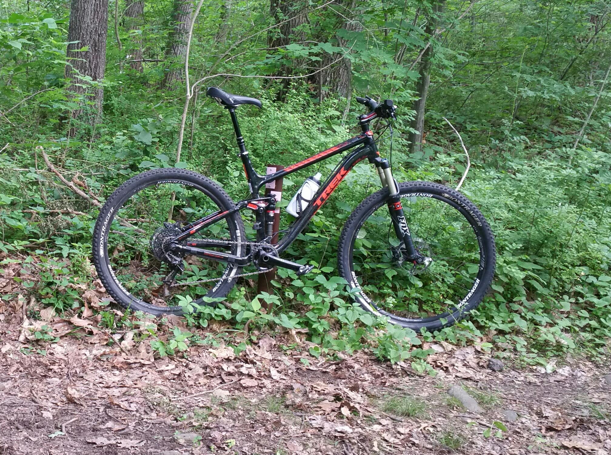Trek Fuel EX 9 29: A mountain bike leaning against a wooden post, surrounded by lush green foliage and small plants, on a forest path covered with fallen leaves.