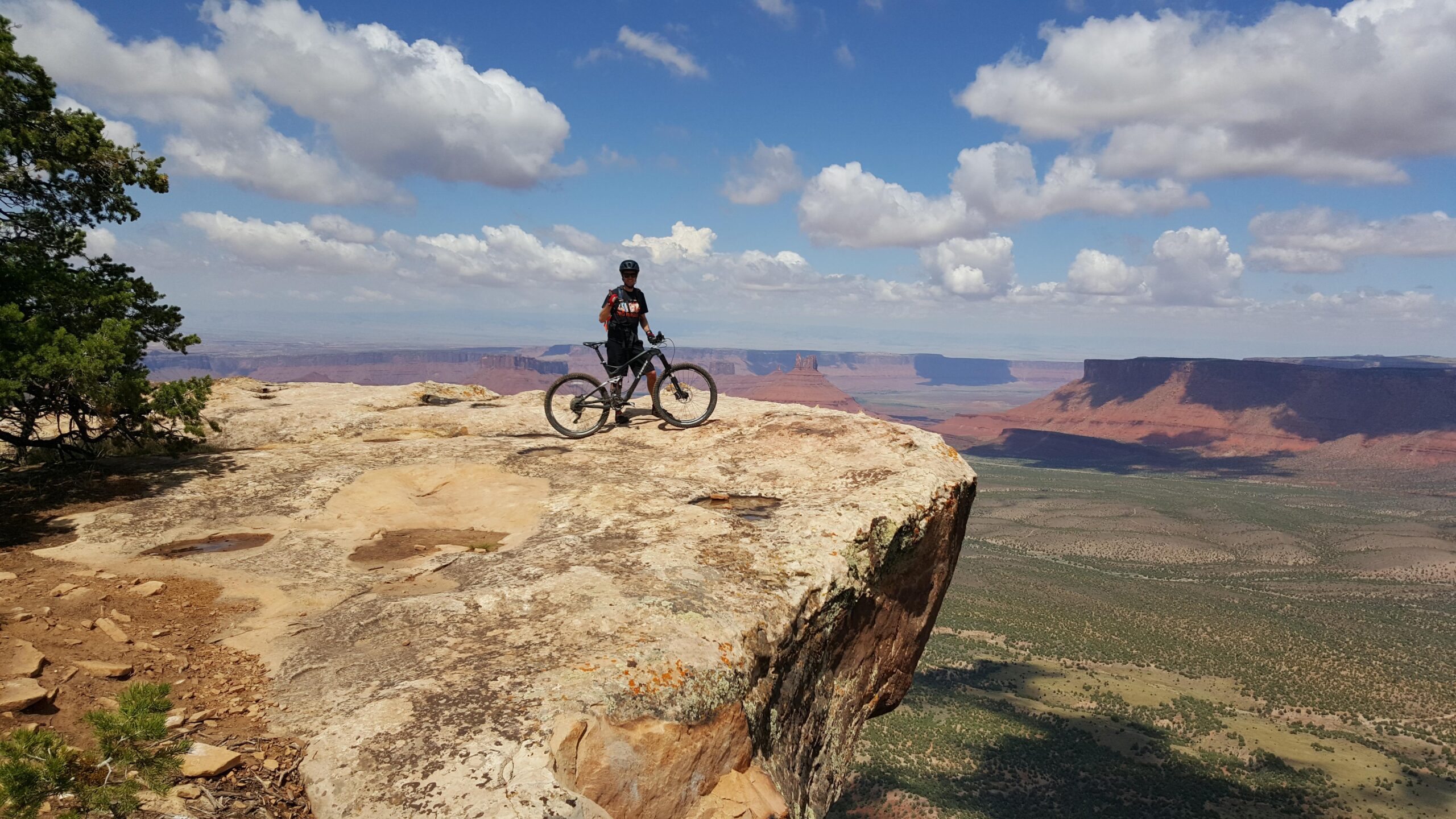 A mountain biker stands on the edge of a rocky cliff, overlooking a vast landscape of rolling hills and distant mesas. The sky is filled with fluffy white clouds, and a few trees are visible nearby. The scene captures a sense of adventure and the beauty of nature. The Whole Enchilada mountain bike trail.