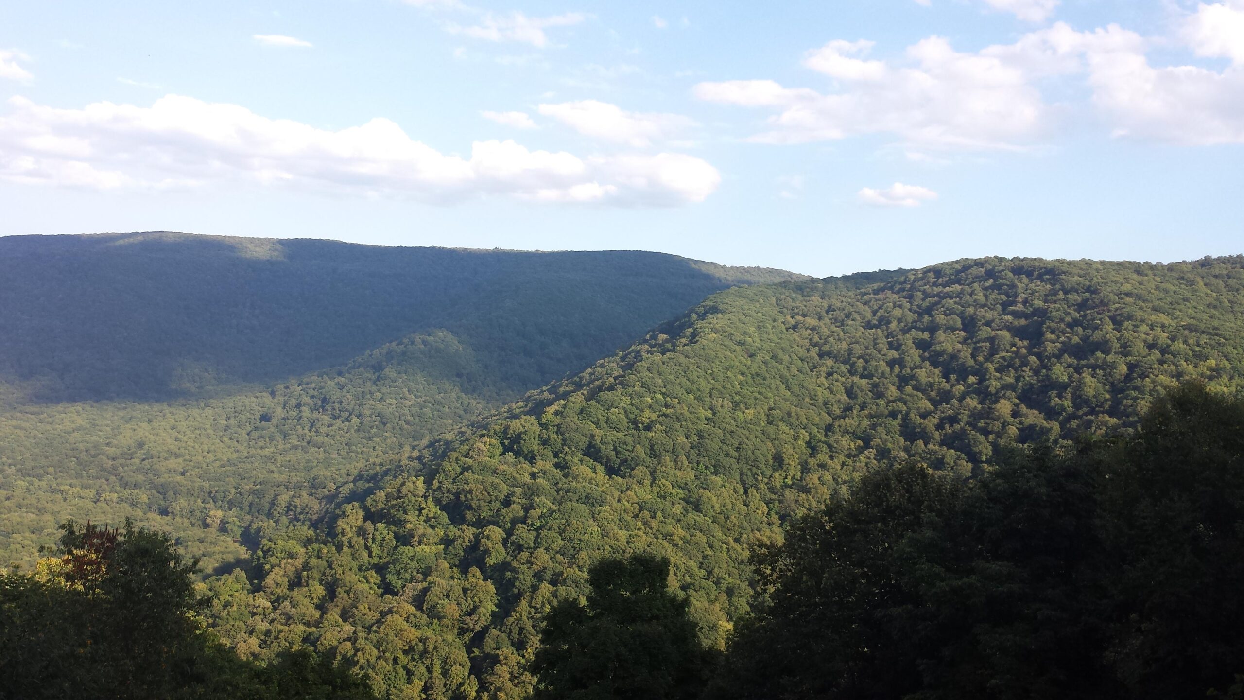 A panoramic view of lush green mountains under a partly cloudy sky. The landscape features rolling hills covered in dense trees, with varying shades of green, and distant mountains creating a serene and tranquil natural scene. Sugarloaf Mountain Bike Area mountain bike trail.