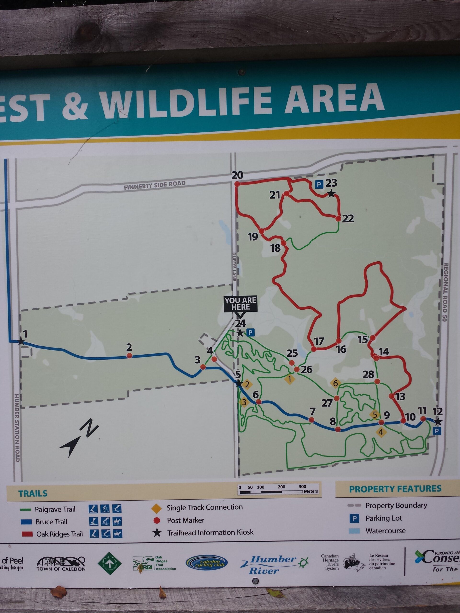Map of a forest and wildlife area, displaying various trails including the Palgrave Trail, Bruce Trail, and Oak Ridges Trail. It indicates trail markers, parking locations, and property features, with a highlighted "You Are Here" symbol denoting the current location on the map. Palgrave Trail mountain bike trail.