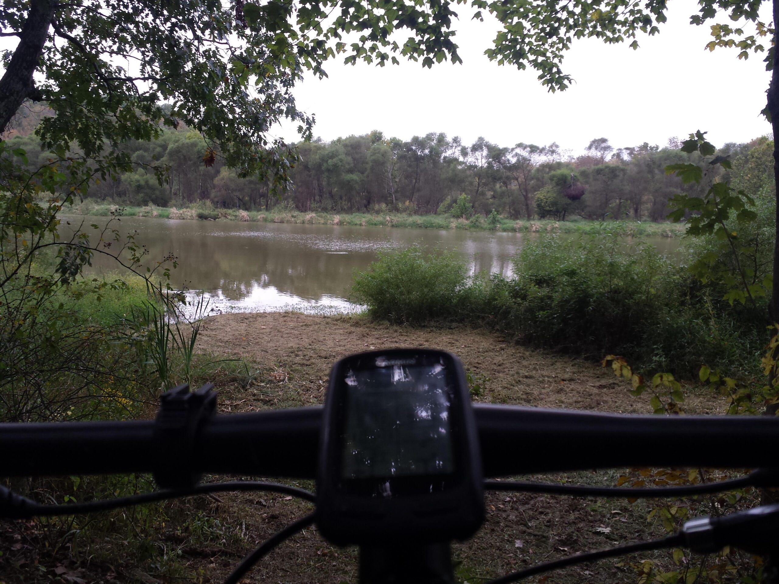 A view of a serene river landscape, framed by lush greenery and trees, with a bicycle handlebar in the foreground showcasing a digital display. The calm water reflects the surrounding foliage under a cloudy sky. Versailles State Park mountain bike trail.